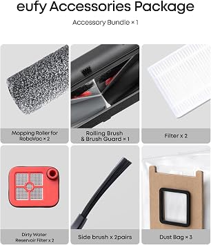 eufy Replacement Kit for C28, Side Brush 2, Dirty Water Tank Filter 2, Roller Brush Guard 1, Dust Bag 3, Roller Mop 2, Replacement Filter 2