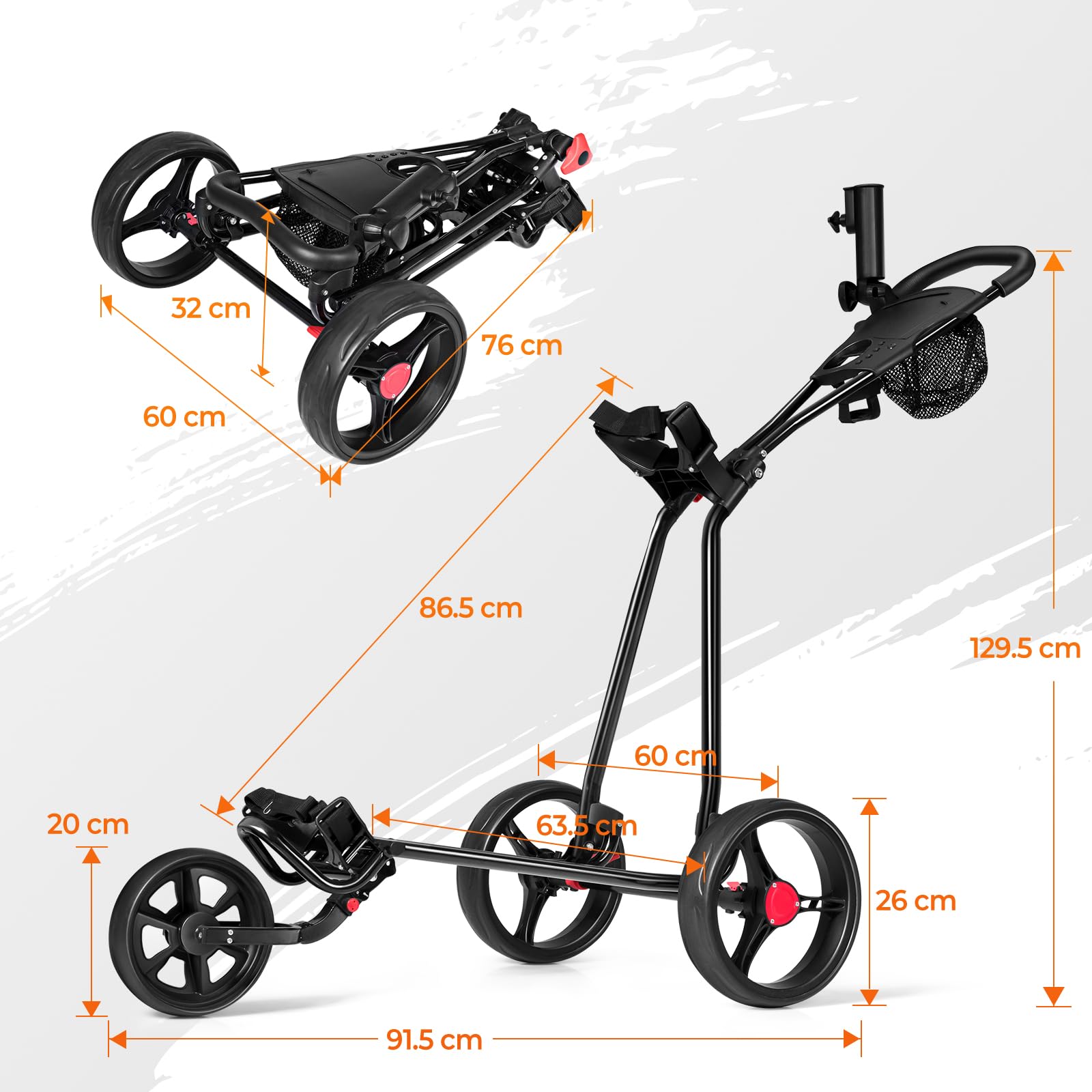 GYMAX Golftrolley faltbar, Golfwagen 3 Rad mit Scorekartenhalter, Getränkehalter & Regenschirmhalter, Golf Push Cart mit verstellbarem Griff aus Eisen, Schwarz