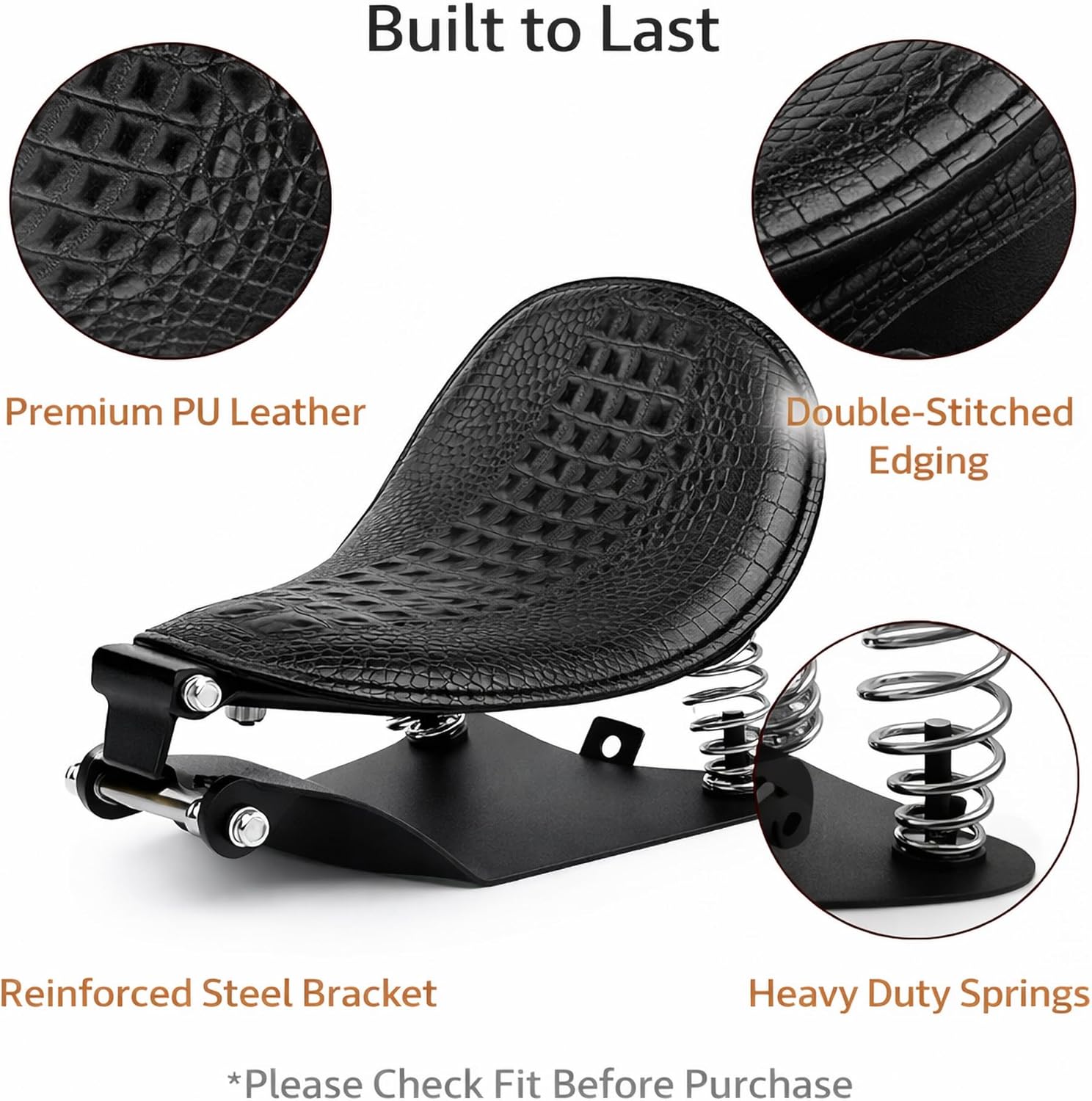 Crocodile Pattern Motorcycle Solo Seat with Springs, PU Leather Bobberx Custom Driver Seat Cushion for Harley Sportster XL883 XL1200 Bobber Chopper, Fits Honda Yamaha Kawasaki Suzuki (Black)