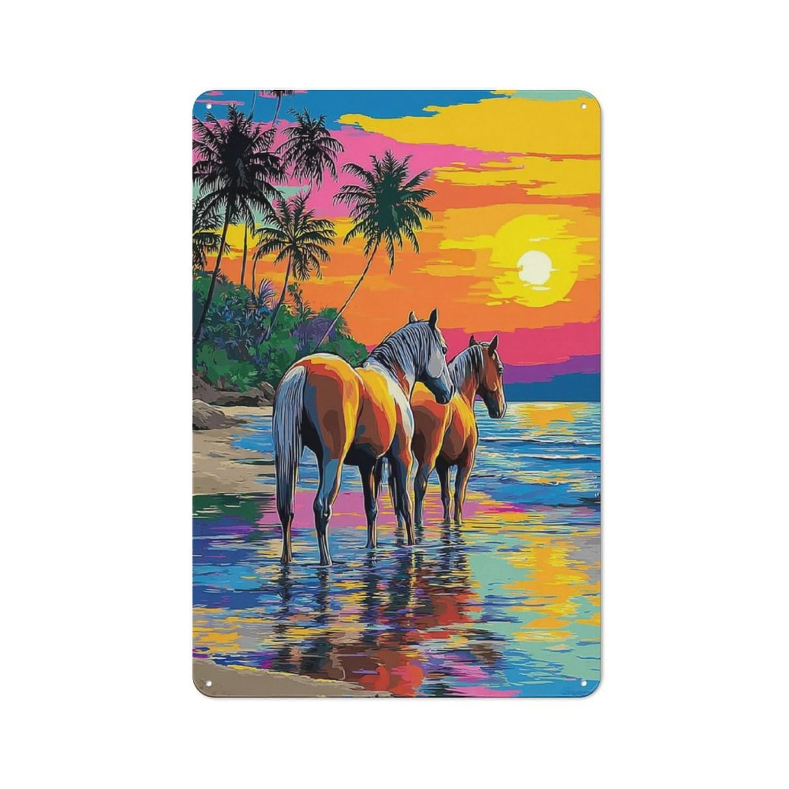 Junmoney Beach Sunset Horses Art Print -4 Metal Plaque With Design 30X20cm, Cosy Diner Style Decor For Coffee Bar, Kitchen, Bistro Or Tea Corner