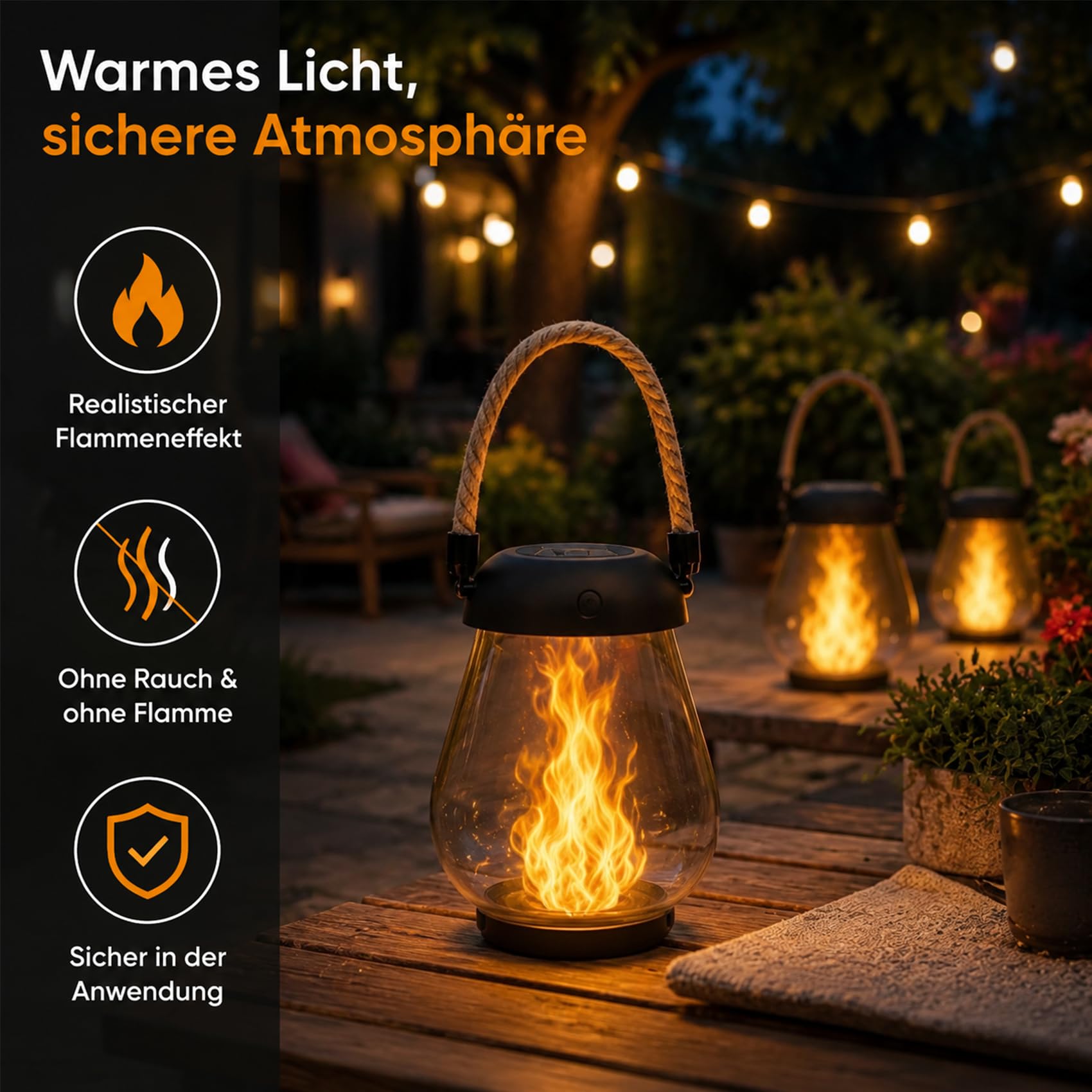 Klynero Solar-Laterne mit Flammeneffekt, 2027 NEU Klynero LED Solar Lantern, Solar- und USB-C-Ladung für AußEn Halloween Dekoration, Ideal für Garten, Balkon und Terrasse (2 Stück)