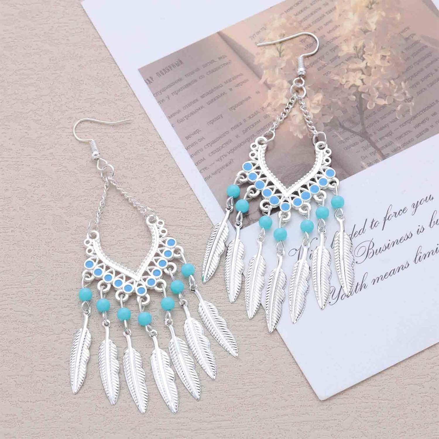 Boho Ethnic Leaf Drop Earrings Silver Leaf Tassel Earrings Turquoise Bead Earring Leaves Chandelier Earring Tribal Bead Dangle Beaded Feather Jewelry for Women - Image 6