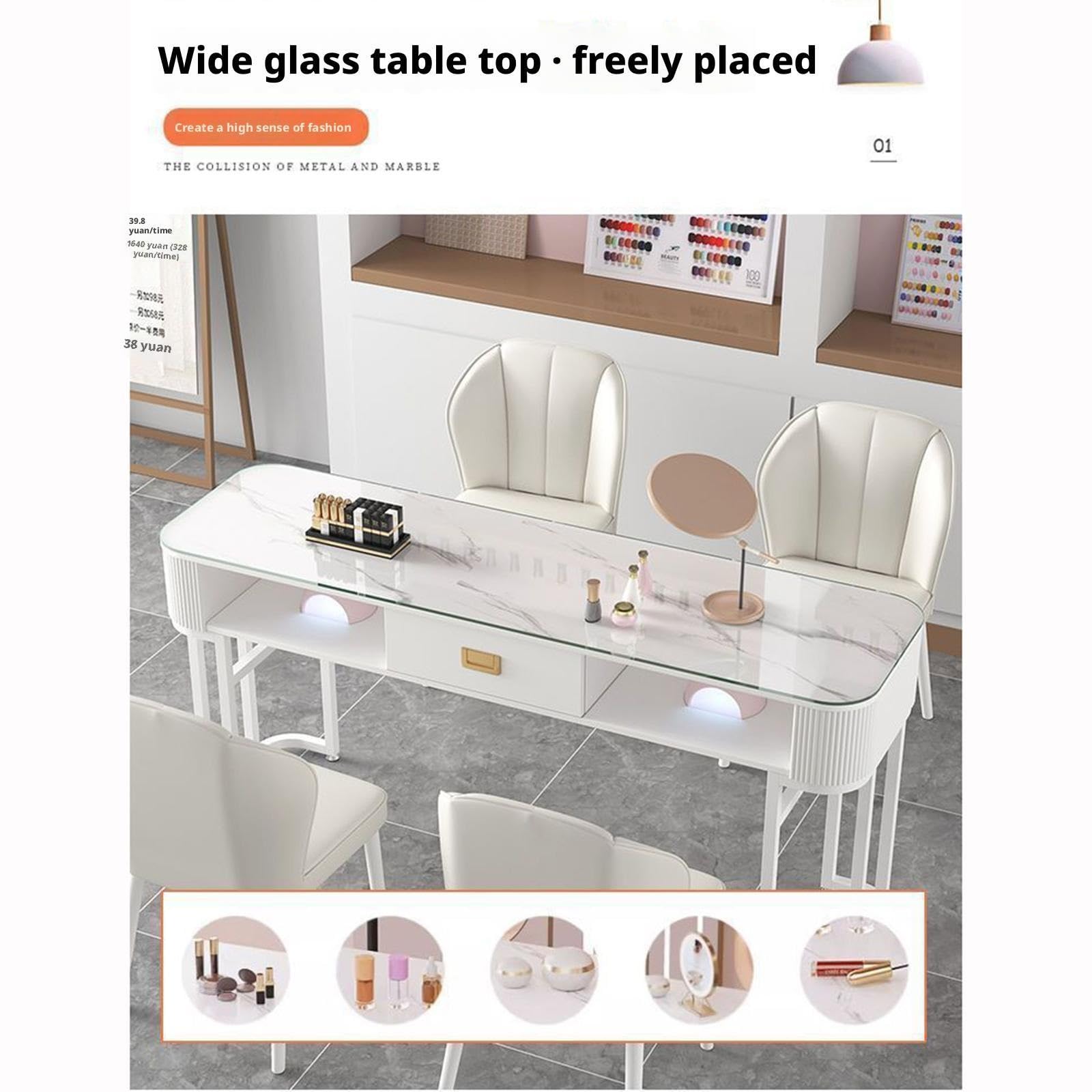 Estación de Manicura Moderna, Mesa de Manicura con Cajones Estación de Trabajo Profesional de Cristal con Estantes Abiertos para Salón de Manicura, Oficina(Style 2,100x40x76cm)