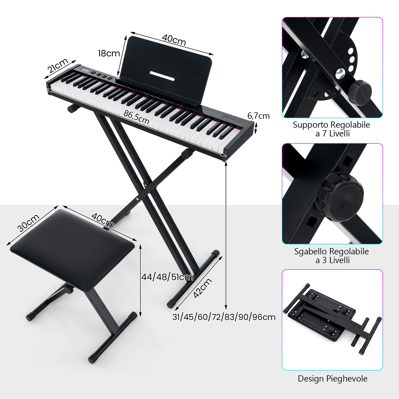 GYMAX Pianoforte Digitale 61 Tasti, Tastiera con Supporto e Sgabello Regolabili, Tasti Semi-Pesati, Funzione MIDI Audio Wireless, Leggio per Musica, Pedale Sustain e Borsa, Nero
