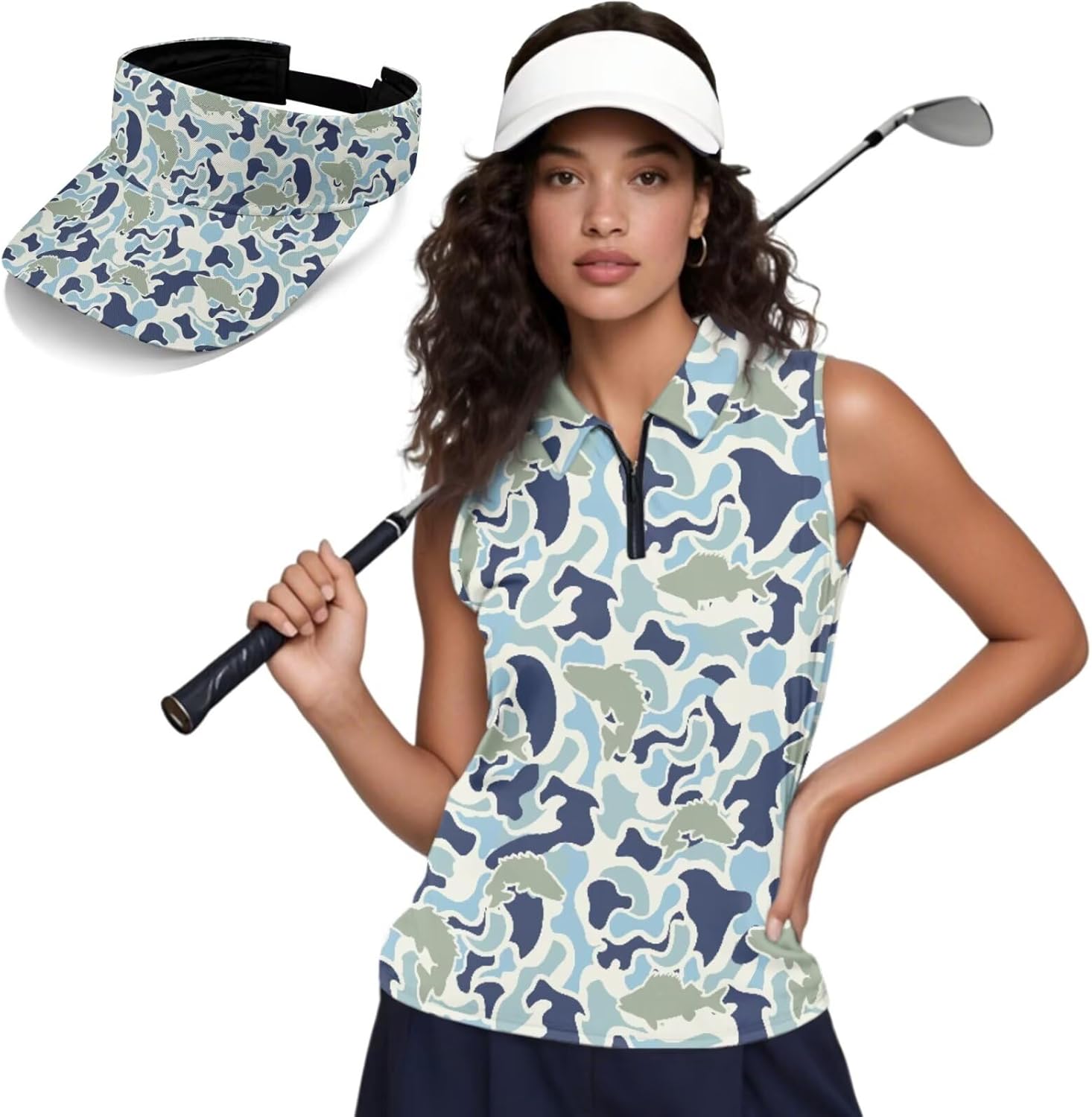 Boatee Women's Golf Shirt and Sun Visor Hat Set Sleeveless Collared Racerback Moisture Wicking Fabric