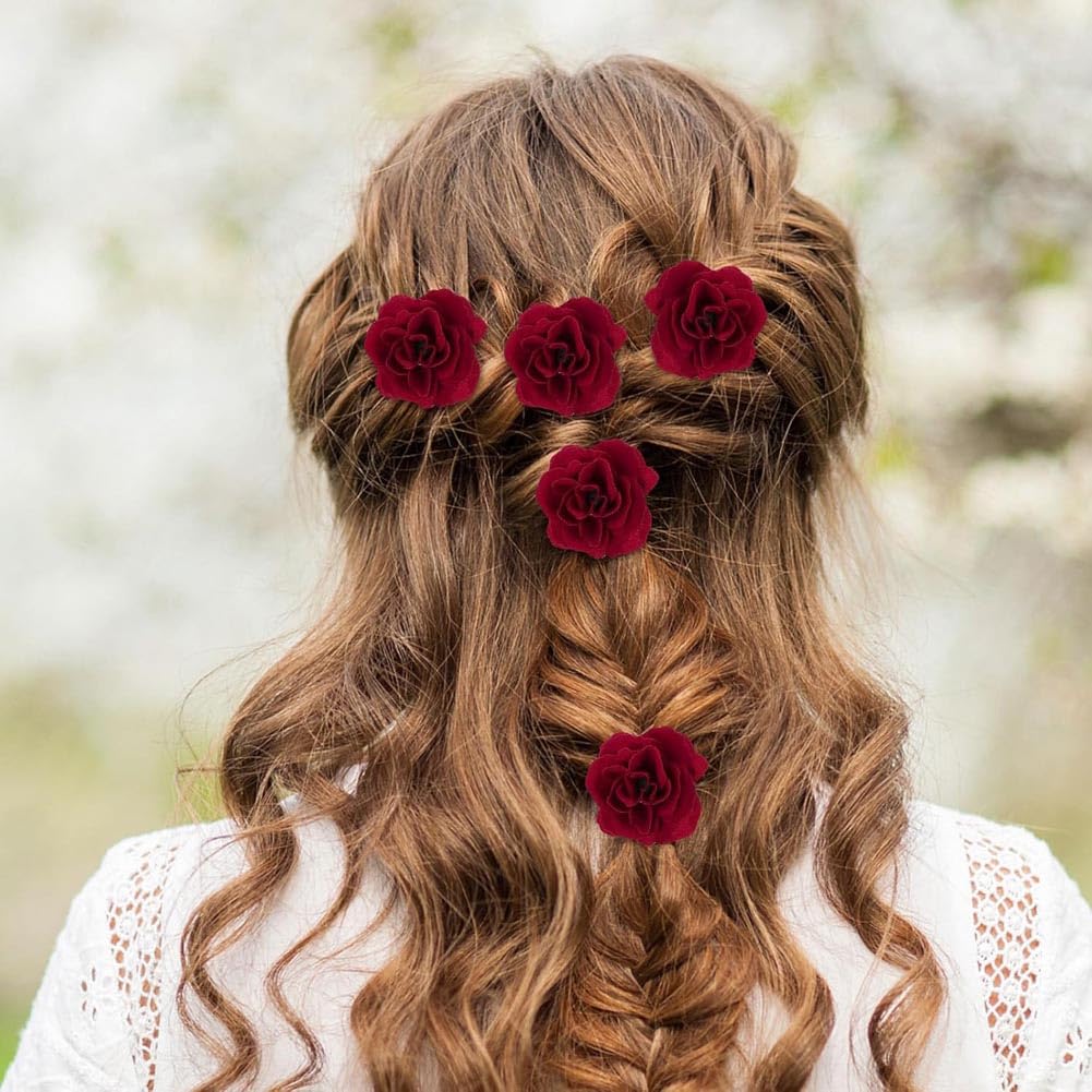 6-Pack Red Rose Hair Clips, U-Shaped Rose Hairpins, Bridal Hair Accessories - Image 4