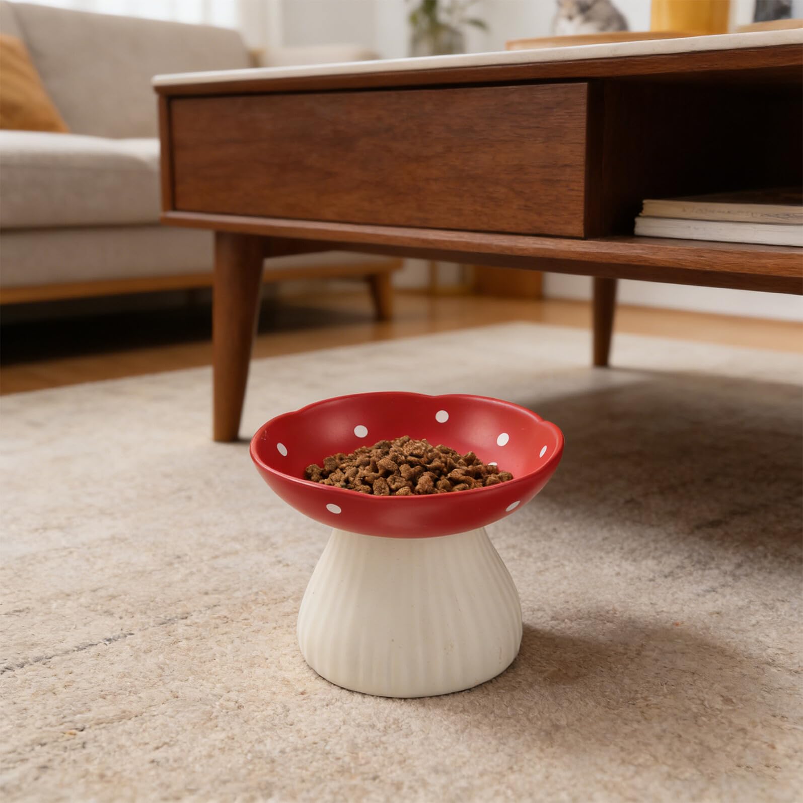 YARNOW Gamelle Surélevée en Céramique Rouge Forme Champignon pour Chat et Petit Chien, Bol Anti-vomissements, Design Ergonomique Protégeant la Colonne Vertébrale, pour Chats D’intérieur