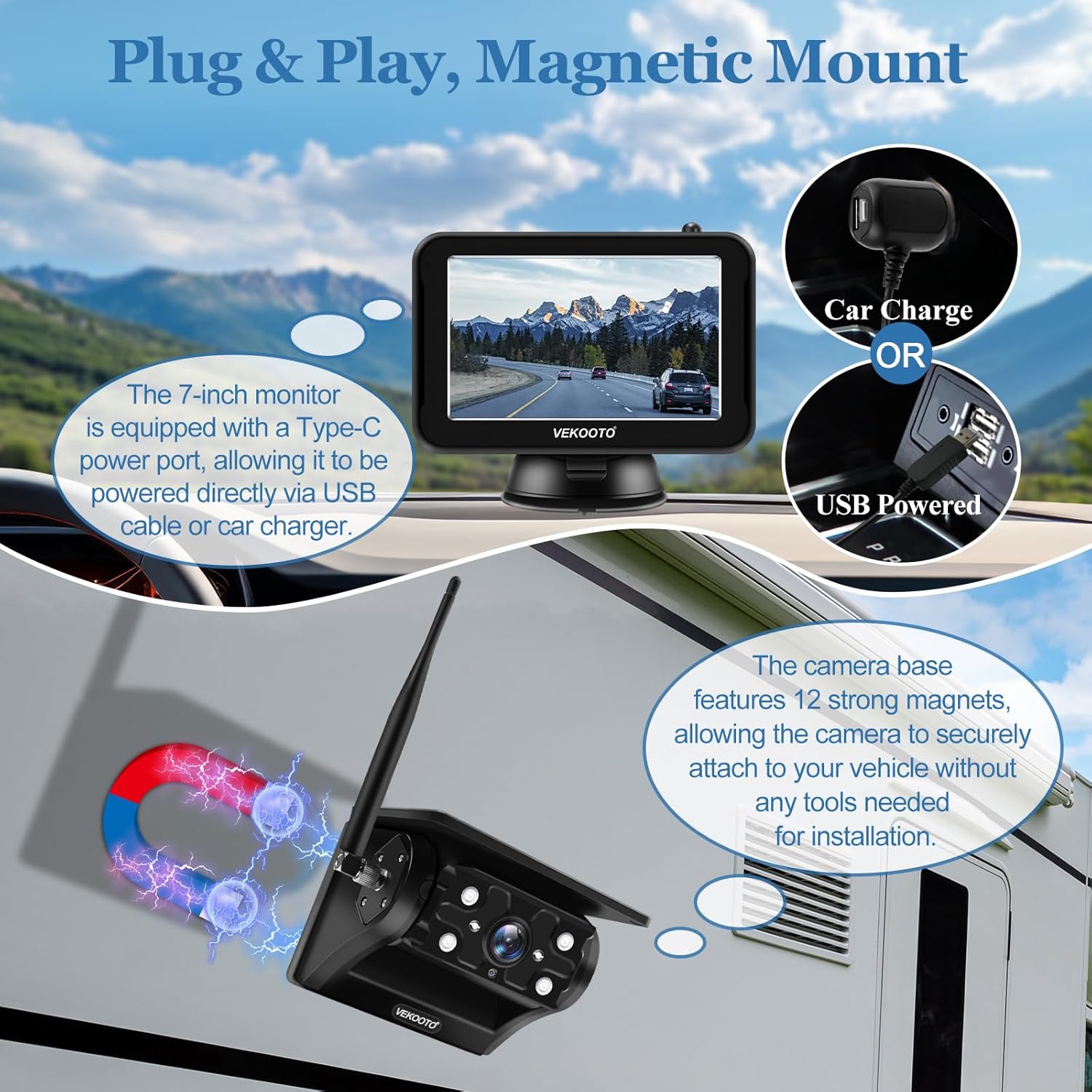 Magnetic mount camera installation and monitor power options