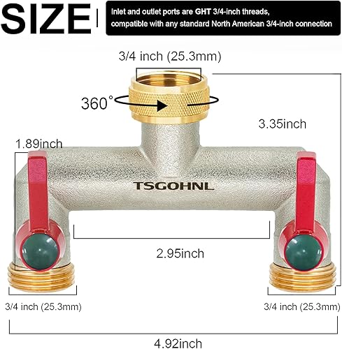 Miniatura 2 de TSGOHNL Divisor de manguera de jardín de latón, desviador de grifo de 2 vías con 2 asas de extensión, divisor de manguera para exteriores, chapado