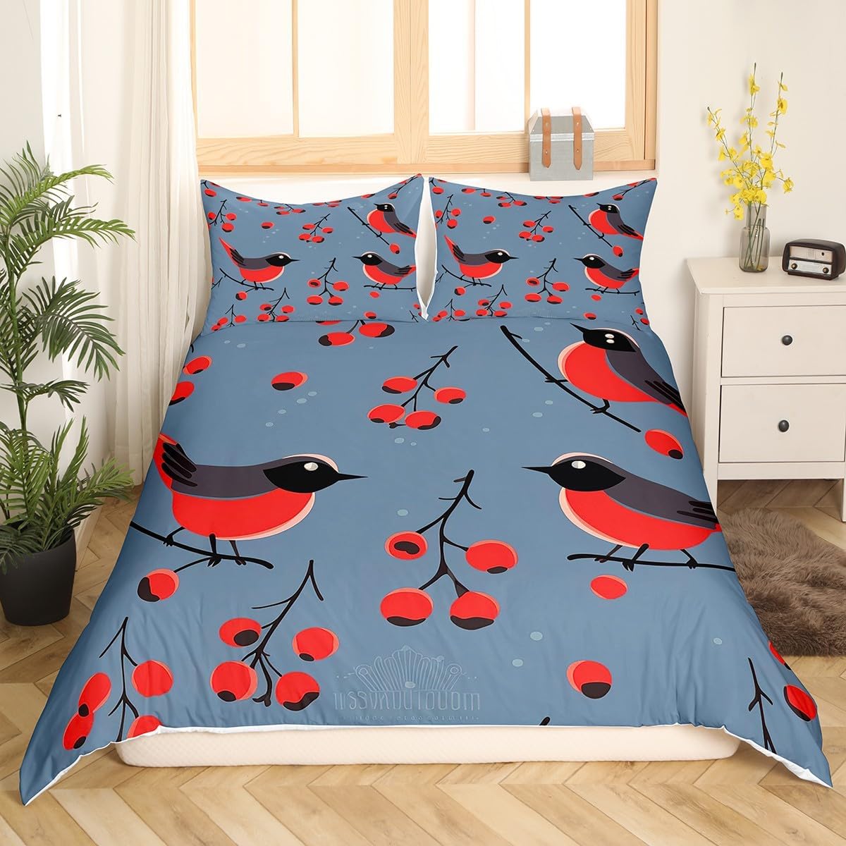 Feelyou Red Birds Bedding Set Bullfinches Comforter Cover for Kids Boys Girls Teens Brier Floral Duvet Cover Cute Animal Bird Print Design Bedspread Room Decor King Size (No Comforter)