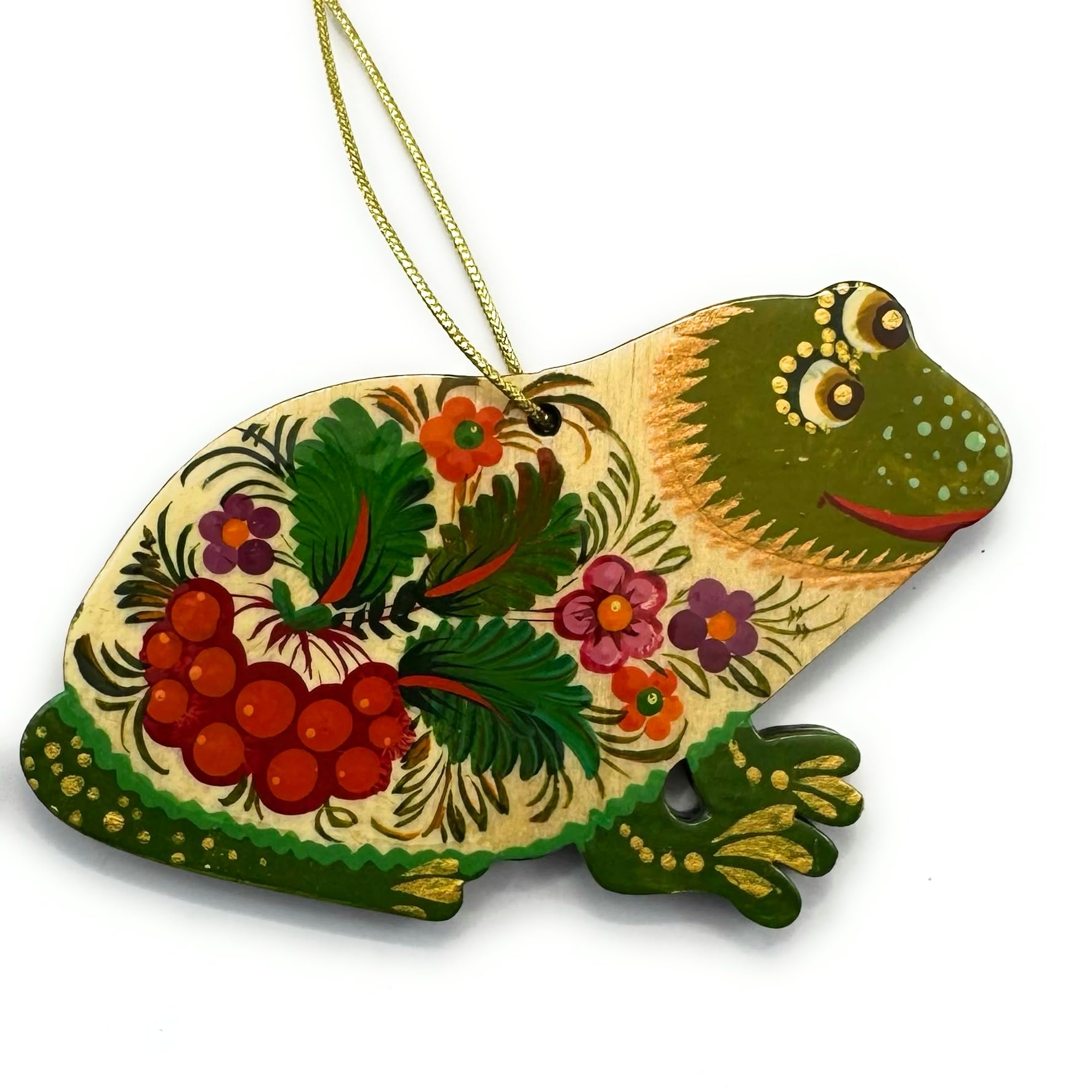 Handmade Christmas Ornament Wooden Frog Hand Painted Ukrainian Petrykivka Folk Art Symbol of Wealth and Luck Holiday Decoration 3.5x3.5x0.2 inches — image 1