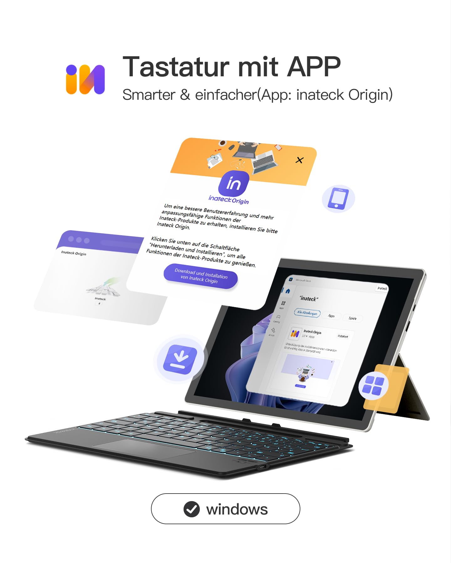 Inateck Surface Pro 9 Tastatur,Kompatibel mit Surface Pro 11/10/9/8/X, KI-Funktion,Surface Tastatur mit Touchpad 7-Farben Hintergrundbeleuchtung und Stifthalter,QWERTZ, KB05114