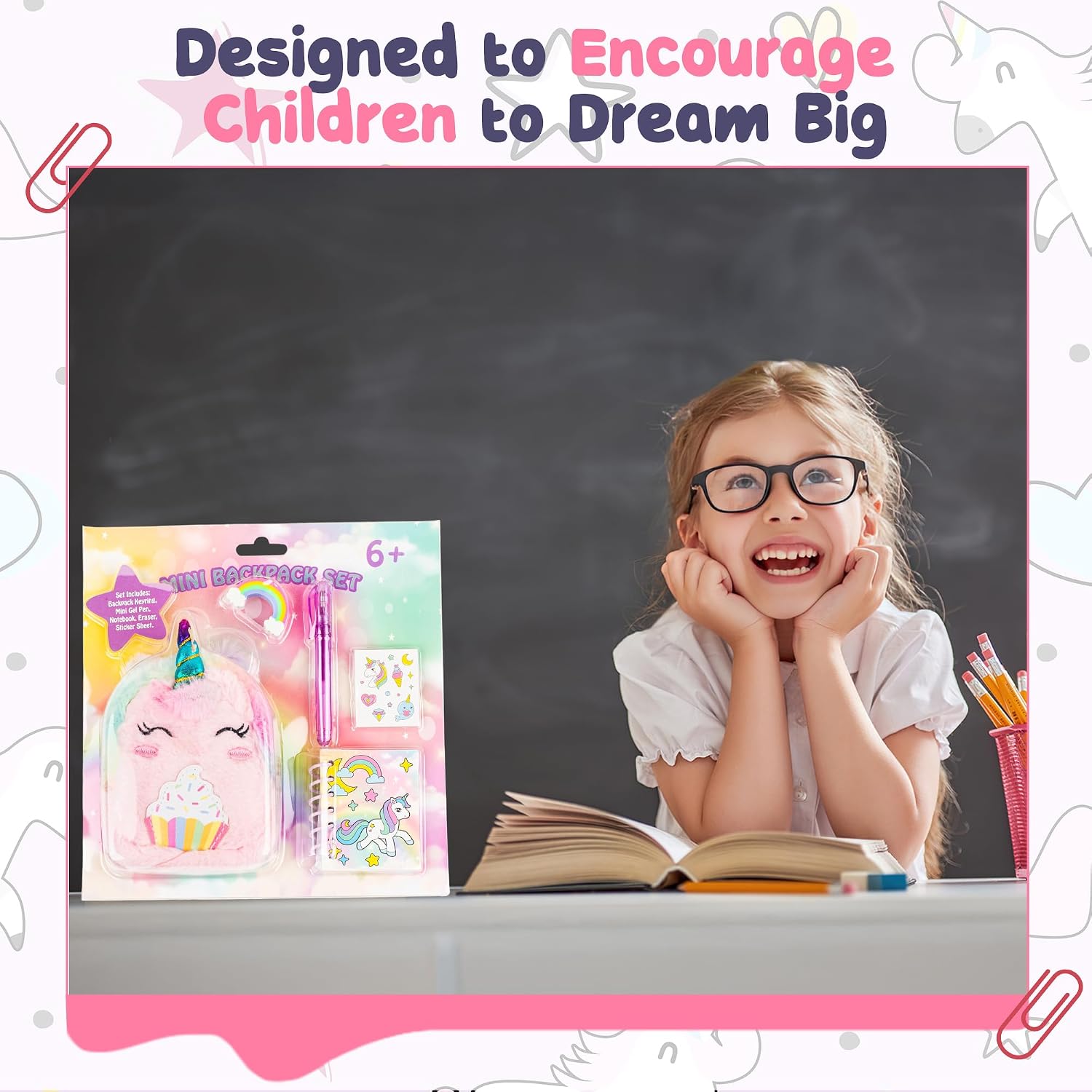 VOTUM Unicorn Keychain Charm for Backpacks, Purses, Handbags, Car Keys with Stationery Set - Includes Mini Notebook, Gel Pen, Eraser, Stickers - Portable & Fun Gift for Tweens Ages 8+