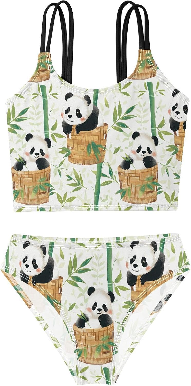 visesunny Girls Two Piece Swimsuits Cute Panda Bamboo Basket Girl's Bikini Sets Bathing Suits for Girls Size 5-12Y