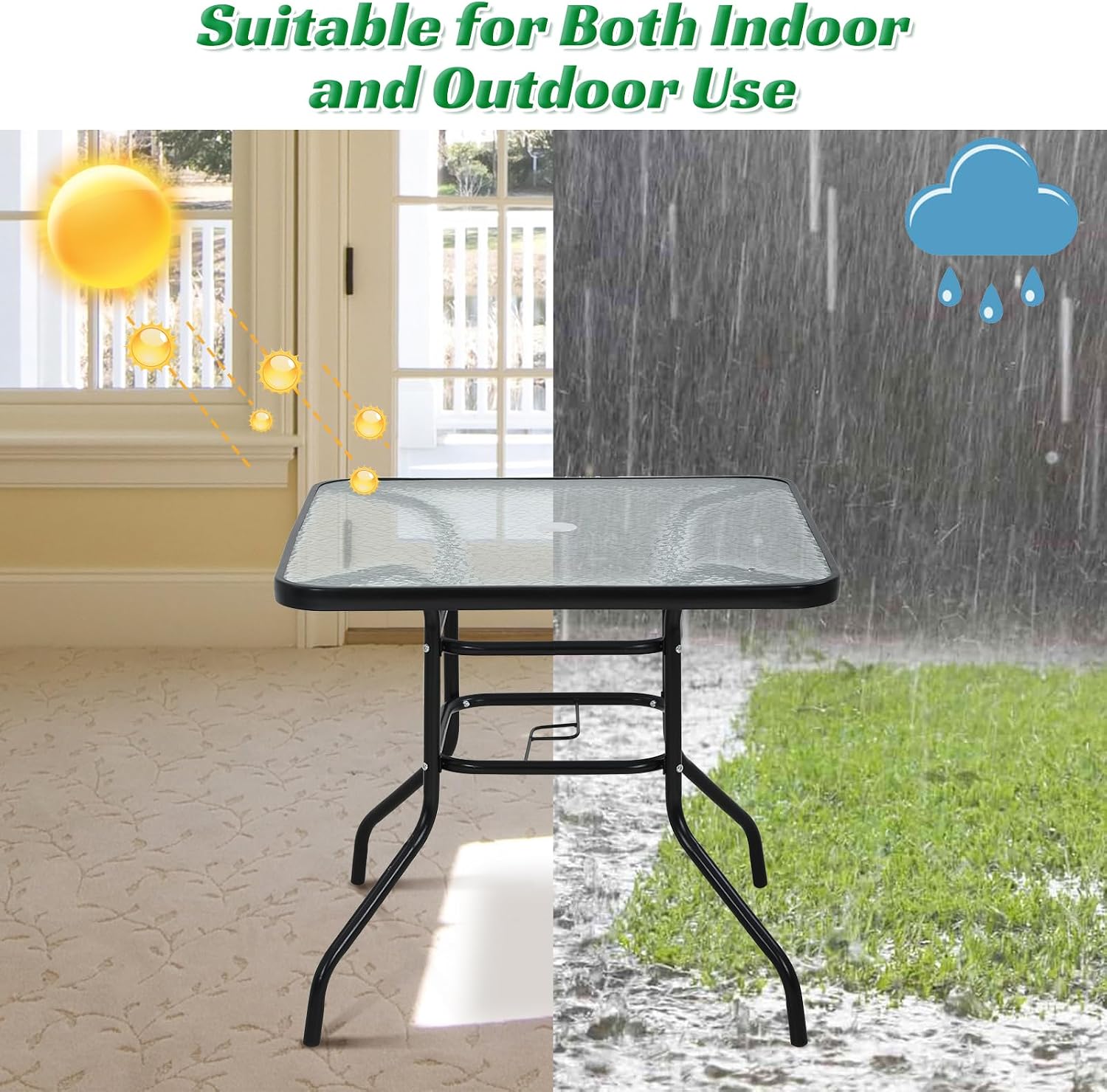 Dkelincs Outdoor Dining Table with Umbrella Hole 31.6" Square Patio Table Outdoor Furniture Garden Tempered Glass Patio Bistro Table for Balcony Backyard Lawn and Garden, Black