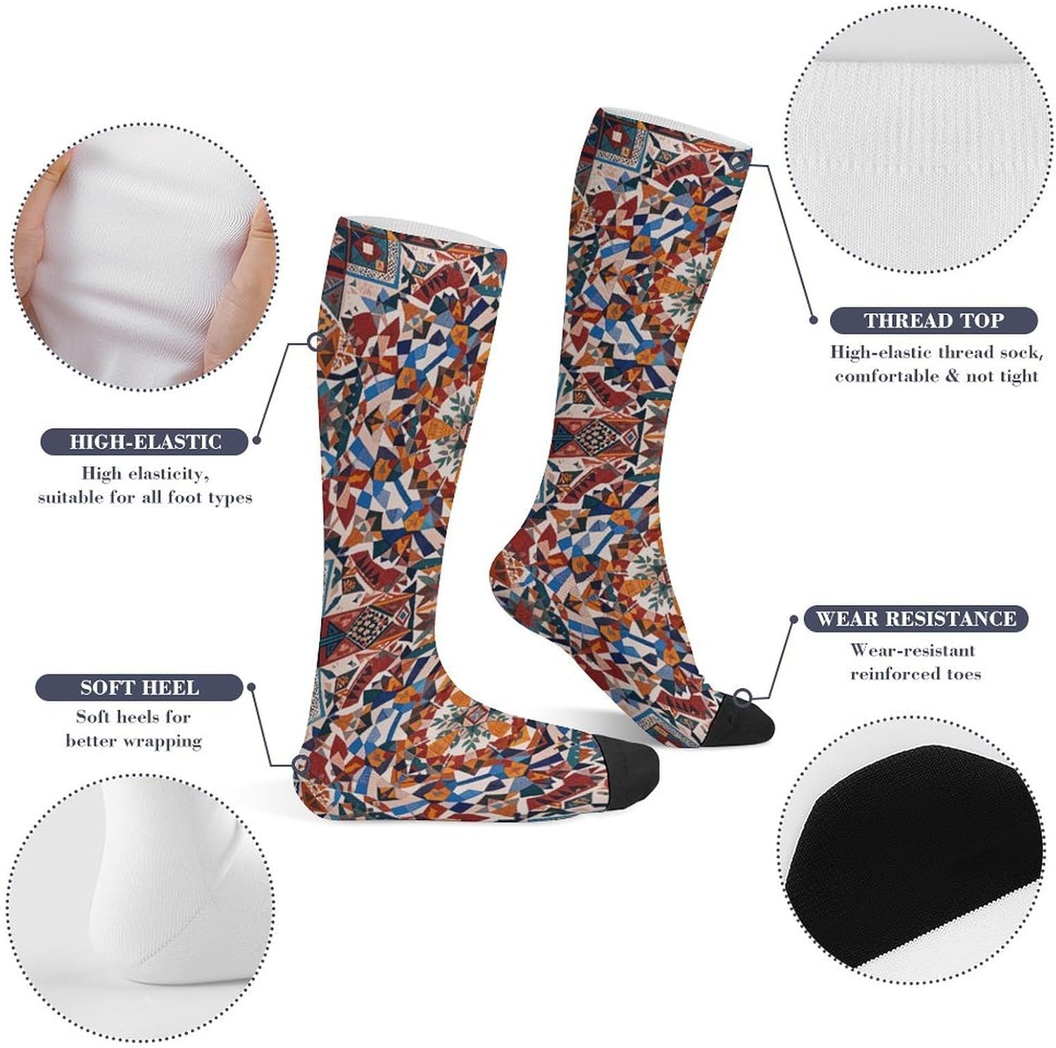 Knee High Socks Patchwork Moroccan Long Tube Boot Seamless Toe