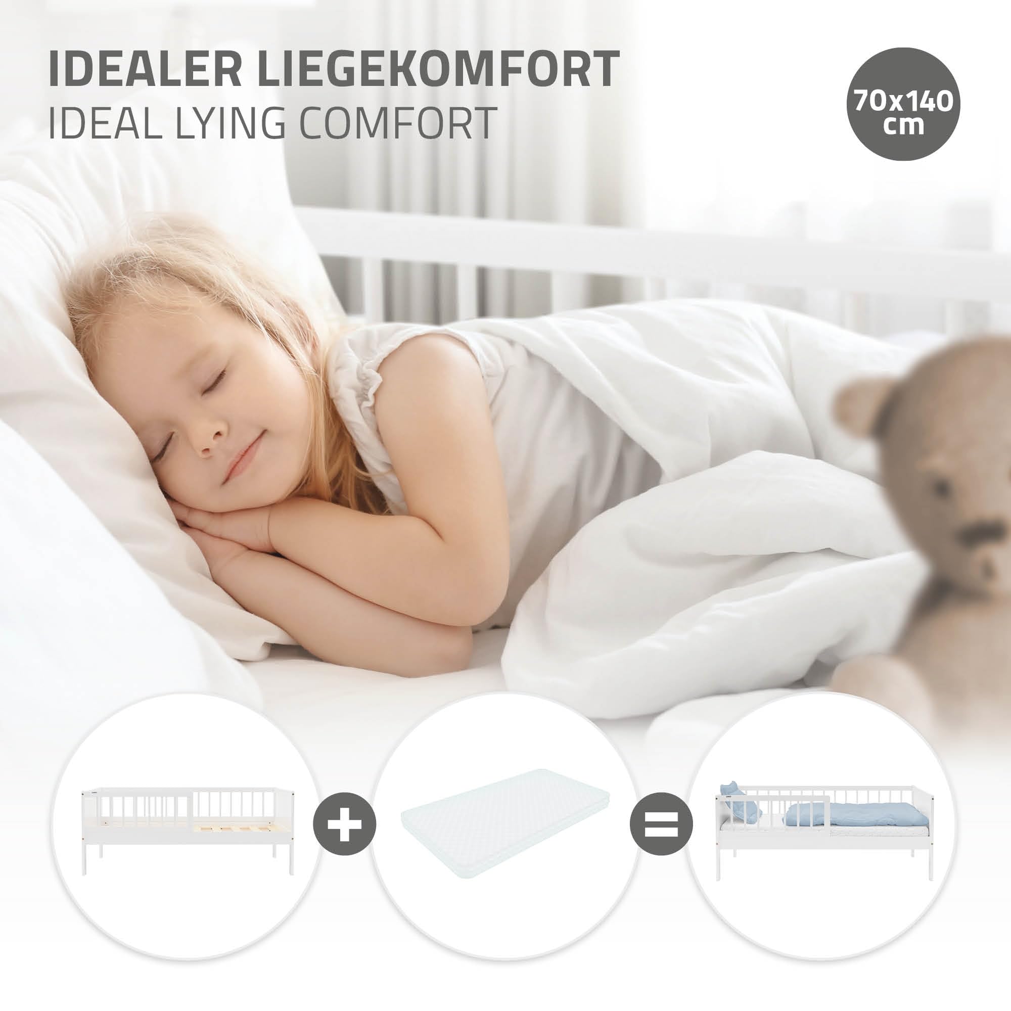 ML-Design Kinderbett 70x140 cm, Weiß, Einzelbett für Kinder mit Lattenrost und Rausfallschutz, Jugendbett aus Kiefernholz, Holzbett, Bettgestell für Jungen & Mädchen, Massivholz Babybett Kleinkindbett