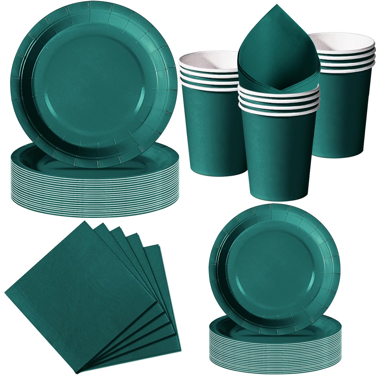 Nkaiso Party Plates Cups and Napkins Set, 50 Piece Dark Green Party Tableware, Disposable Paper Plates Cups Napkins for Birthday BBQ Picnic Dinnerware Party Supplies