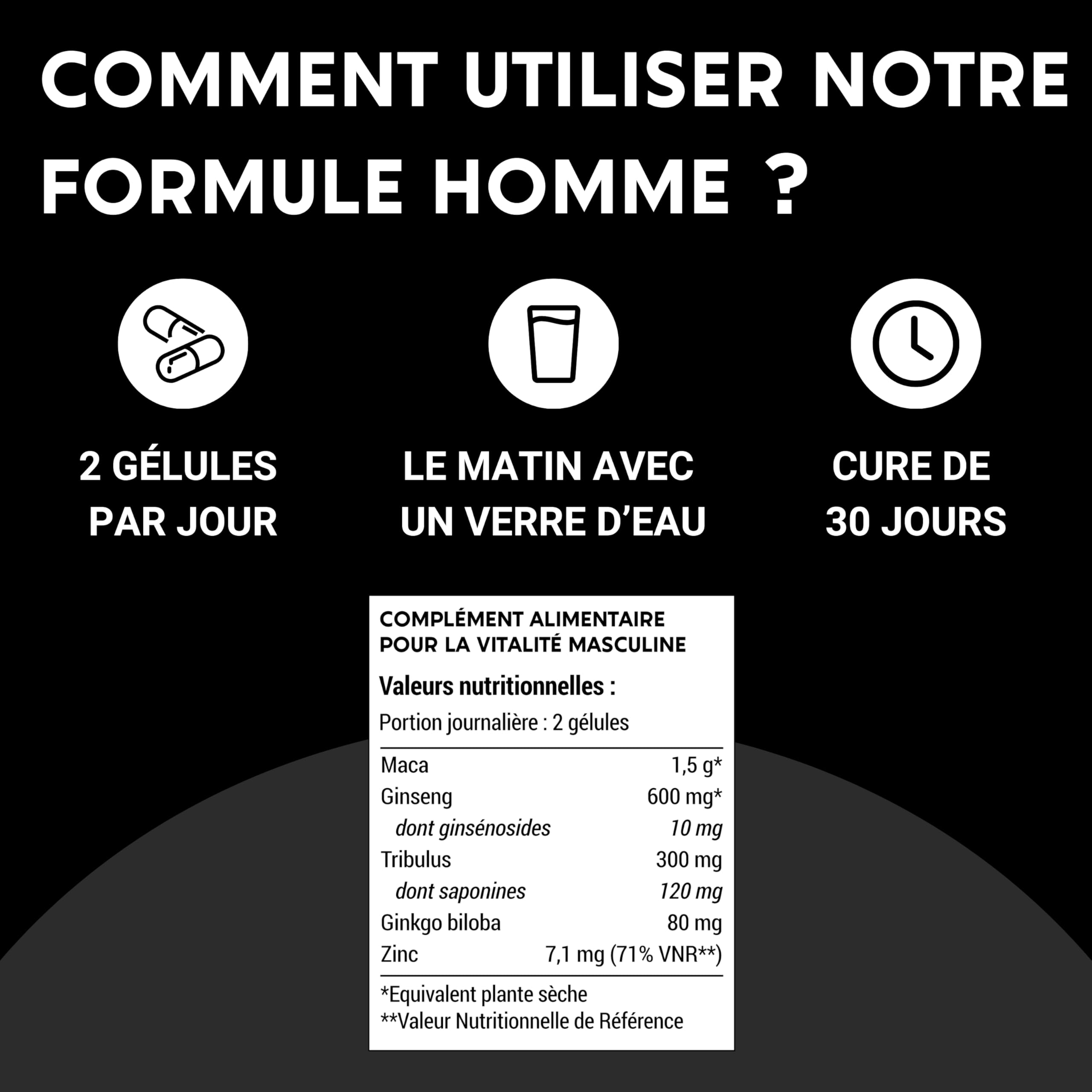 FORMULE HOMME | Vigueur, Puissance, Endurance | Complexe de Plantes : Maca, Tribulus Terrestris, Ginseng, Ginkgo Biloba, Zinc | 60 Gélules | Fabriqué en France | Complement alimentaire