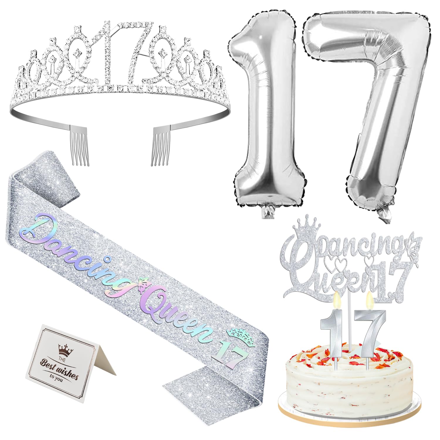 YeohJoyDancing Queen Party Decorations 17 with Silver 17th Dancing Queen Sash and Tiara, 17th Birthday Cake Topper and Candles, 17 Number Balloons Silver for 17th Birthday Decorations for Girls
