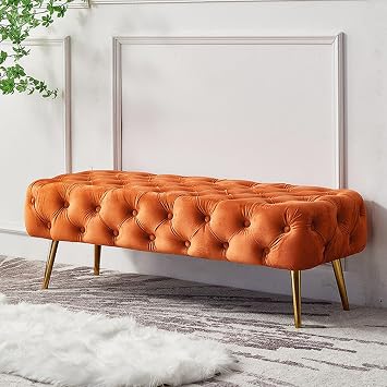 Velvet Bedroom Bench with Gold Metal Legs, Tufted Upholstered End of Bed Bench, Indoor Benches for Entryway Dining Living Room Window, Accent Ottoman Bench long Seat Foot Rest Stool  Color Orange ,
