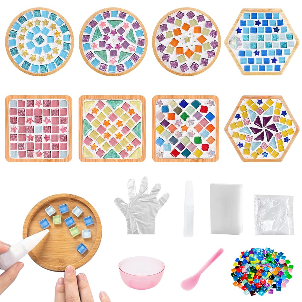 Ukontagood 8 Pcs DIY Mosaic Coasters for Crafts, Mosaic Tiles Coaster for Handmade Home Decoration, and Daily Presents, Mixed Color Mosaic Kits with Wooden Coaster