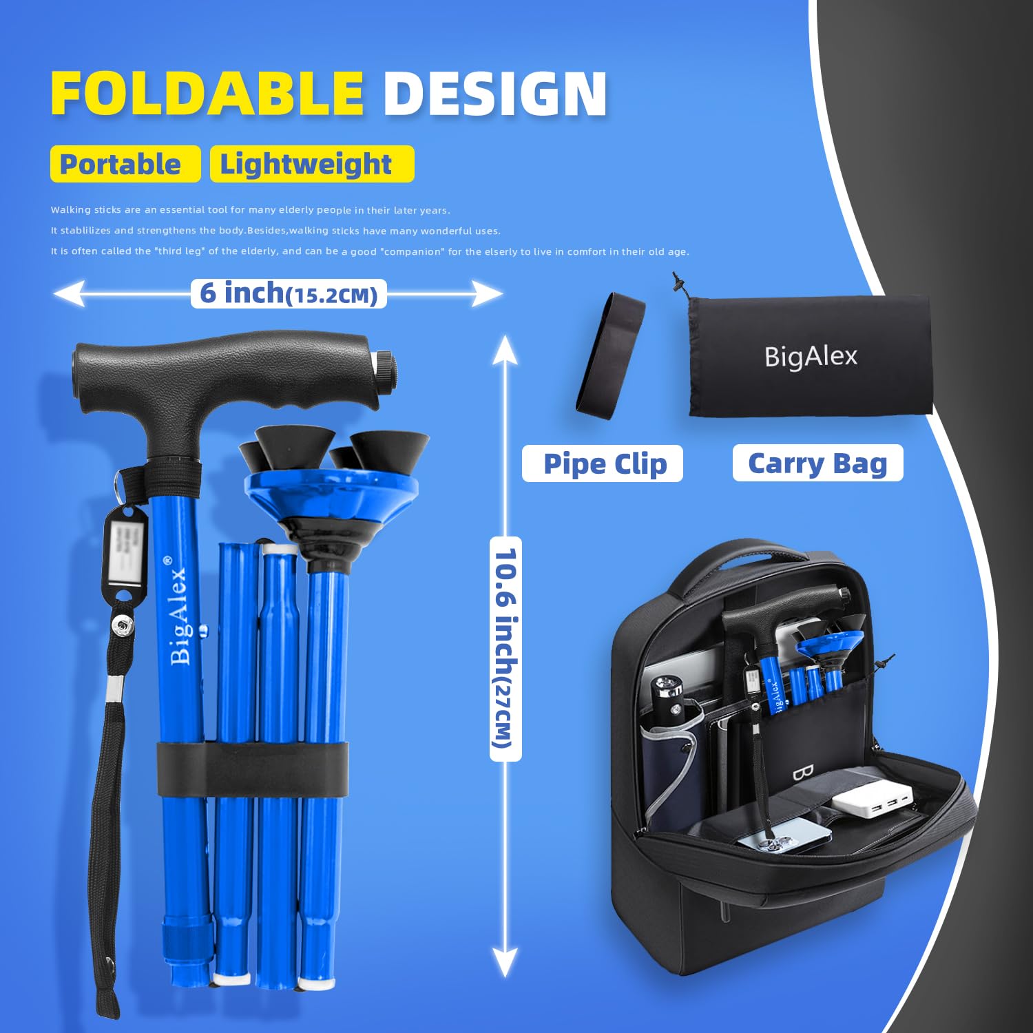 BigAlex Bastone Pieghevole con Luce LED, Bastone da Passeggio Regolabile con Manico Ergonomico, Leggero e Compatto per Uomo Donna e Base Quadrata Antiscivolo per Anziani