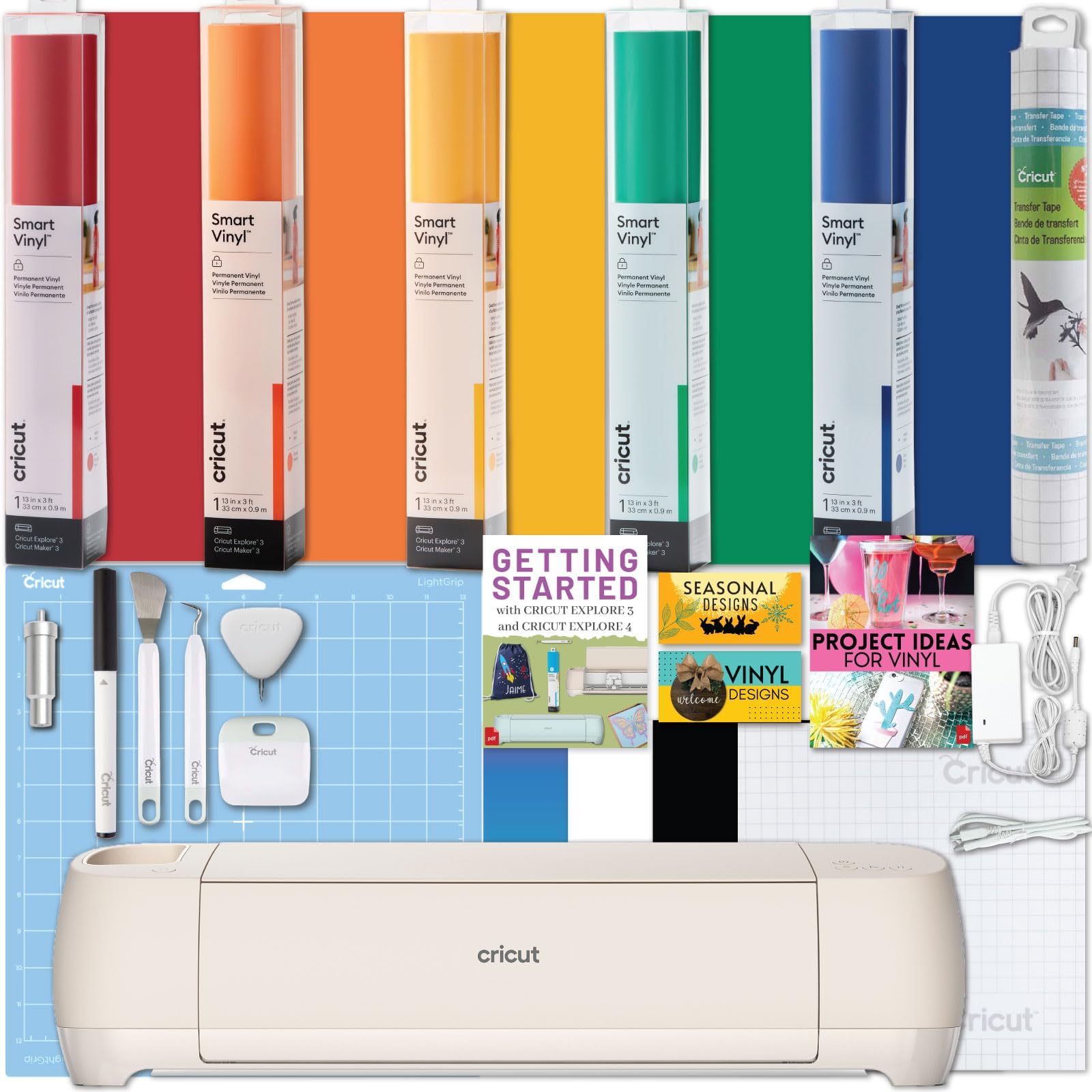 Explore 4 Cutting Machine with Rainbow Smart Vinyl Bundle - Electronic Craft Die-Cutting Machine with Variety Vinyl, Transfer Tape and Weeding Tools, Beginner Kit, Bluetooth Connectivity