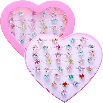 MOLIULIU 36pcs Little Girl Jewel Rings, Adjustable, No Duplication Kids Play Rings in Box,Pretend and Dress Up for 4-12 Year Old Birthday Holiday Gifts, 3 4 5 6 7 8 9 10 11 12 Toy Rings for kids