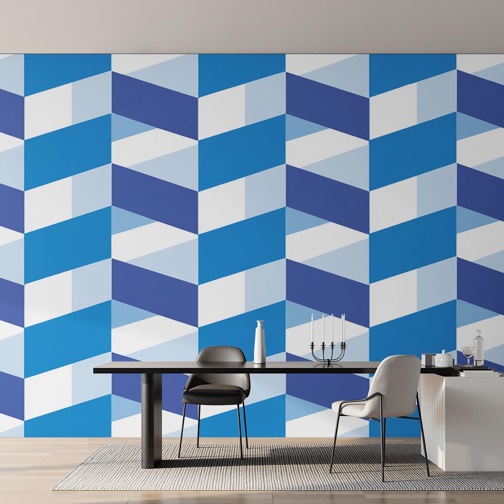 Papier peint géométrique moderne bleu blanc pour décoration murale intissé