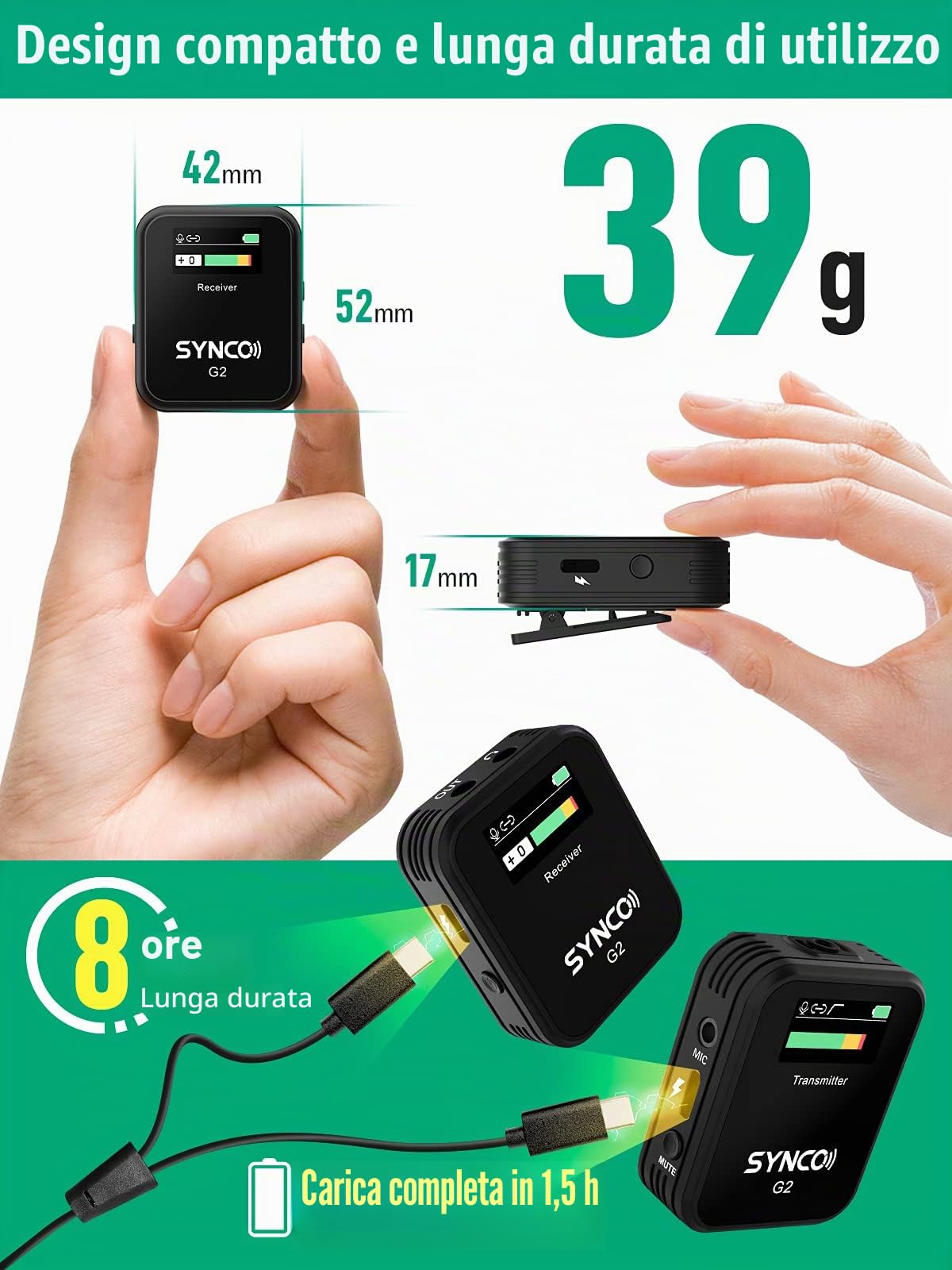 SYNCO G2 A1 Lavalier - Microfono senza fili, con sistema fino a 70 m, per fotocamera DSLR, videocamera, smartphone, Gopro PC, laptop, per interviste, riunioni online e corsi di streaming video