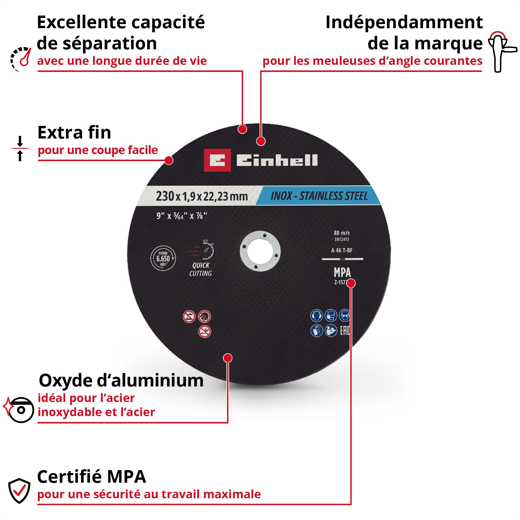 Original Einhell Disques à tronçonner pour le métal, 10 pièces, Ø 230 mm (tronçonnage rapide, traitement du métal, coupe légère, certifiés MPA, indépendants de la marque)