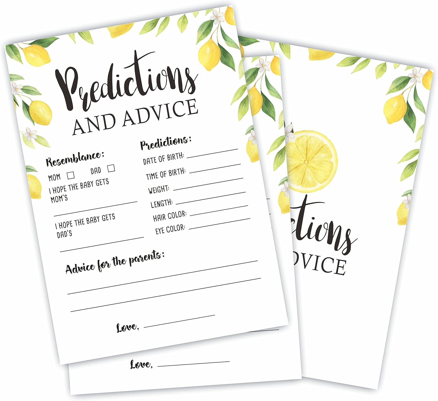 Baby Shower Game Cards，30 Watercolor Lemon Theme Prediction And Advice Cards，5"X 7"Double-Sided Fill In Game Cards For Babyshower Party Favor & Supplies-BBYX-A01