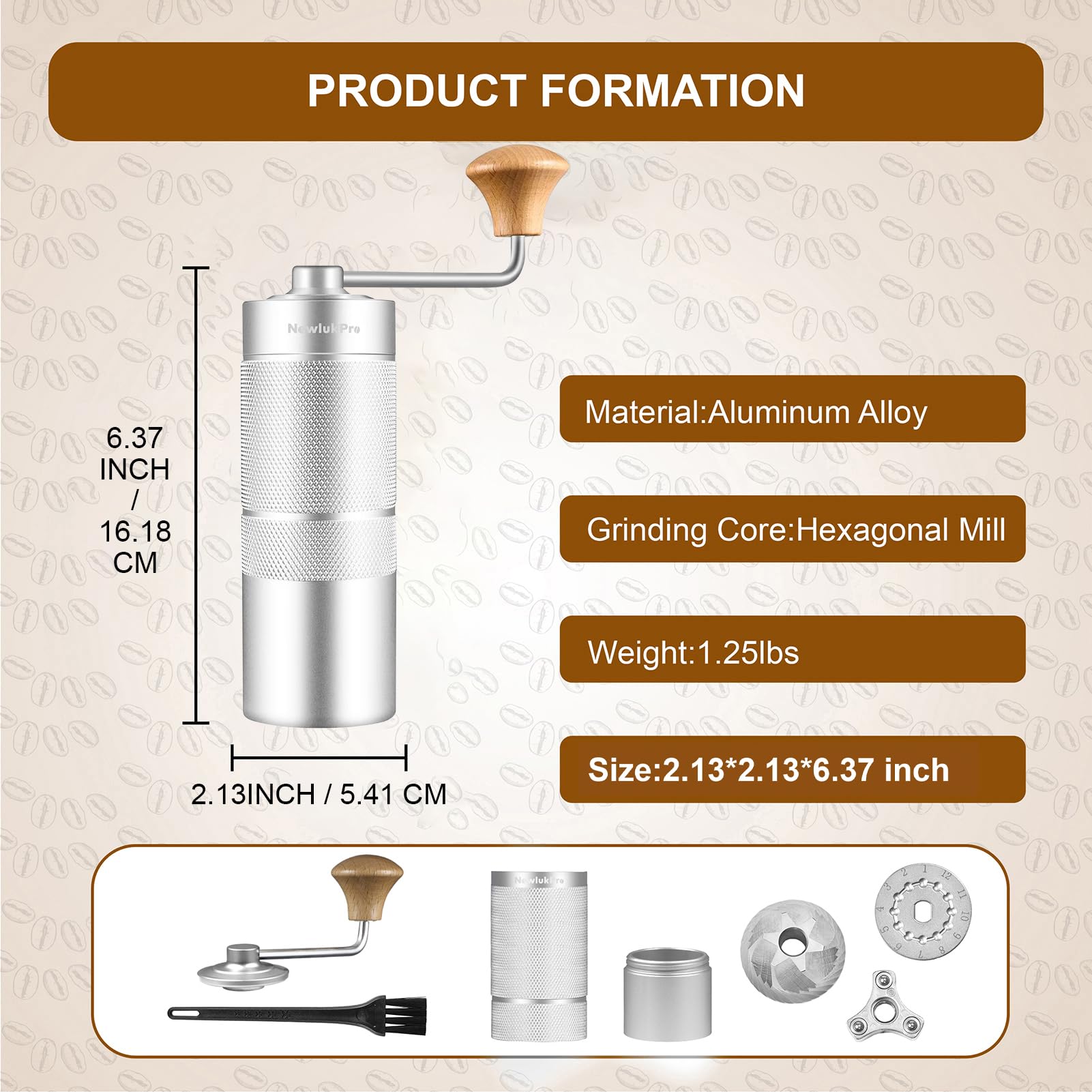 NewlukPro M6 Molinillo de café manual, capacidad 25 g, molinillo de café manual Sharp Hexagonal, molinillo portátil de granos de café manual para verter sobre espresso