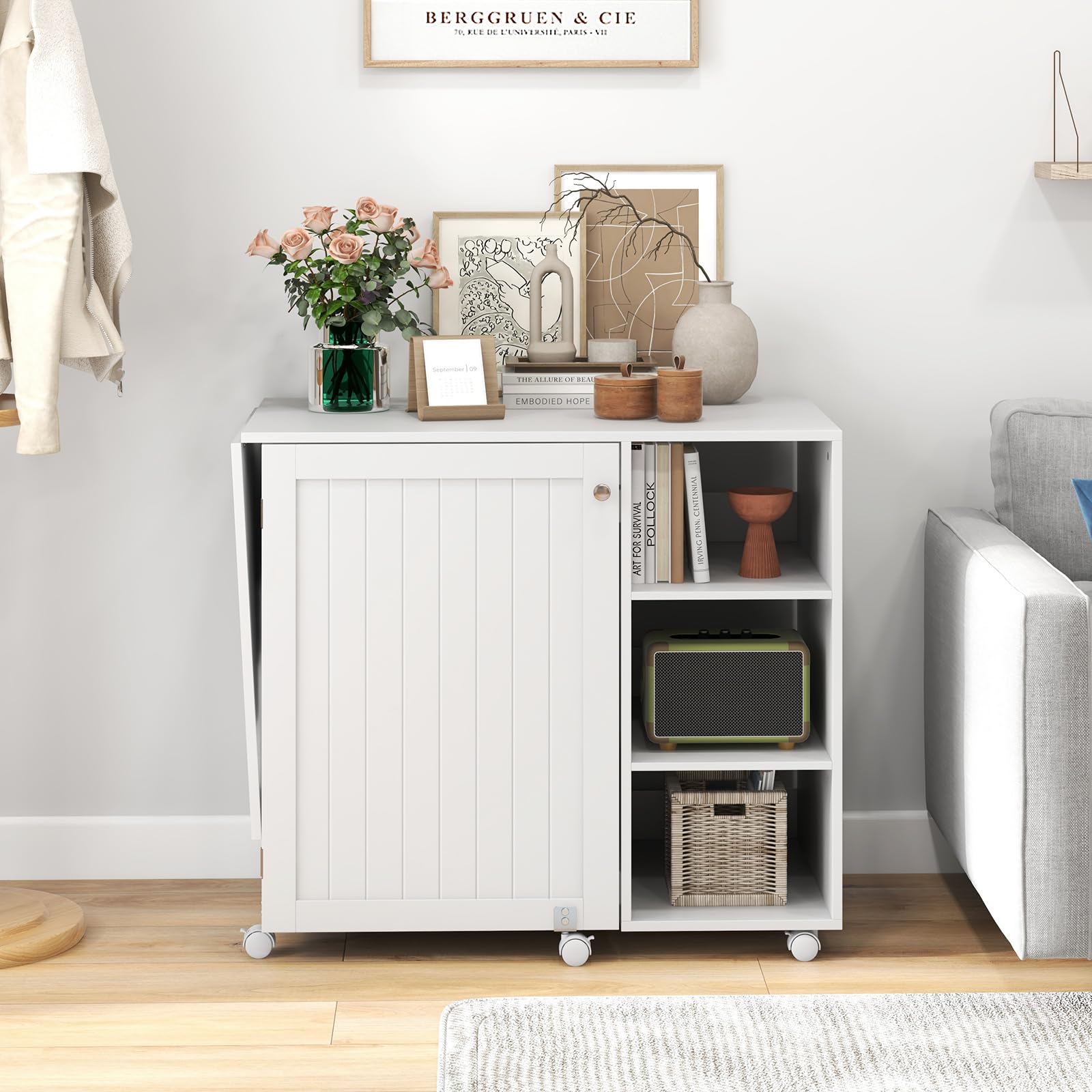 RELAX4LIFE Faltbarer Nähtisch, mehrzweck Nähmaschinenschrank mit Ablageflächen & 2 Behältern & 18 Klammern, tragbare Flexible Handwerksstation mit feststellbaren Rollen für Zuhause, Weiß