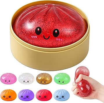 Dumpling Squishies, Dumpling Mystery Box, Colorful Dumplings Stress Balls Fidget Sensory Toy, Stocking Stuffers with Food Steamer Stretchy Desk Toys Flash red