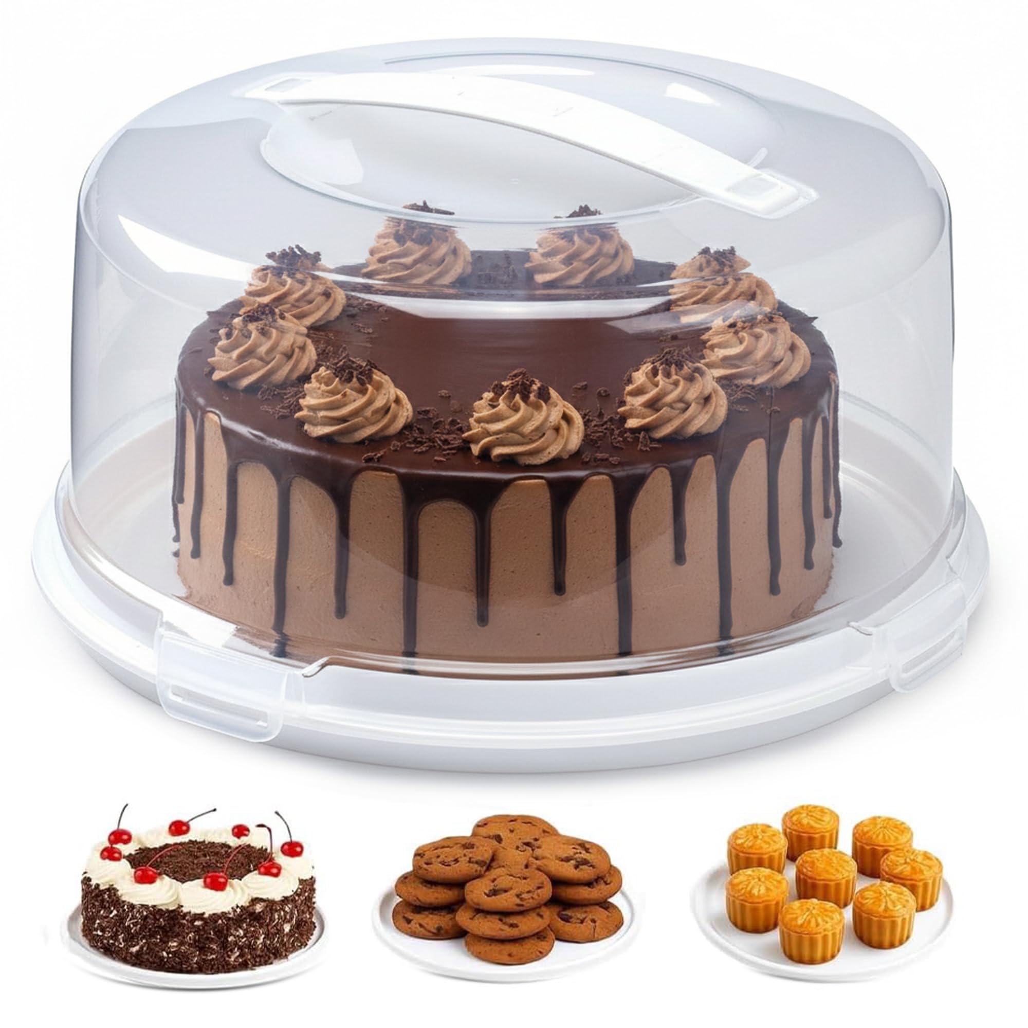 Angix White 30Cm Plastic Cake Carrier Box With Lockable Lid & Carry Handle, Cake Storage Container For Cakes, Pies & Pastries, Transparent Cake Boxes For Transporting, Storing & Displaying Cakes (Round)