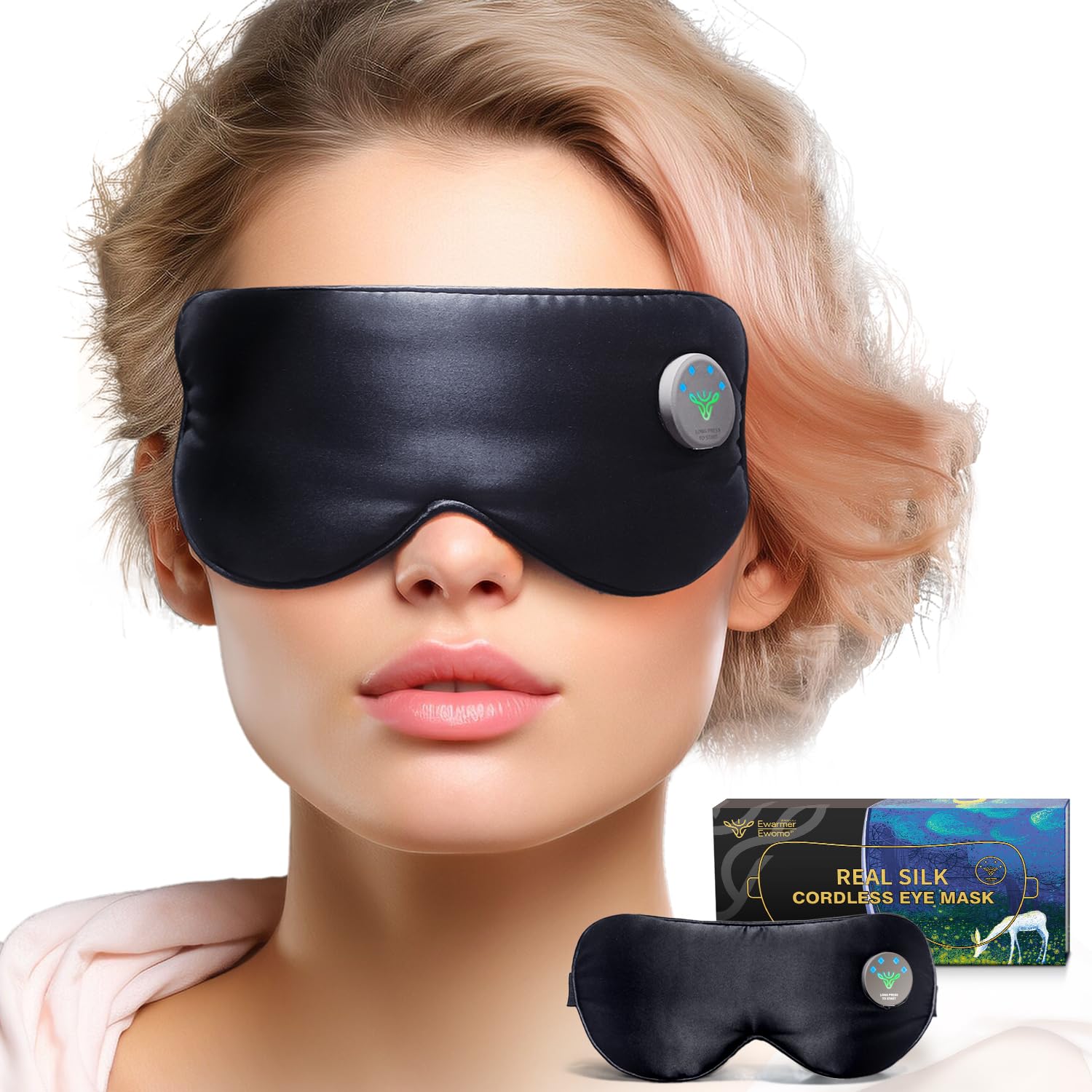Ewarmer Real Silk Cordless Heated Eye Mask for Dry Eyes, Fast Heat, Complete Blackout, 5-10 Uses Per Charge, Power Residual Display, Bright Black