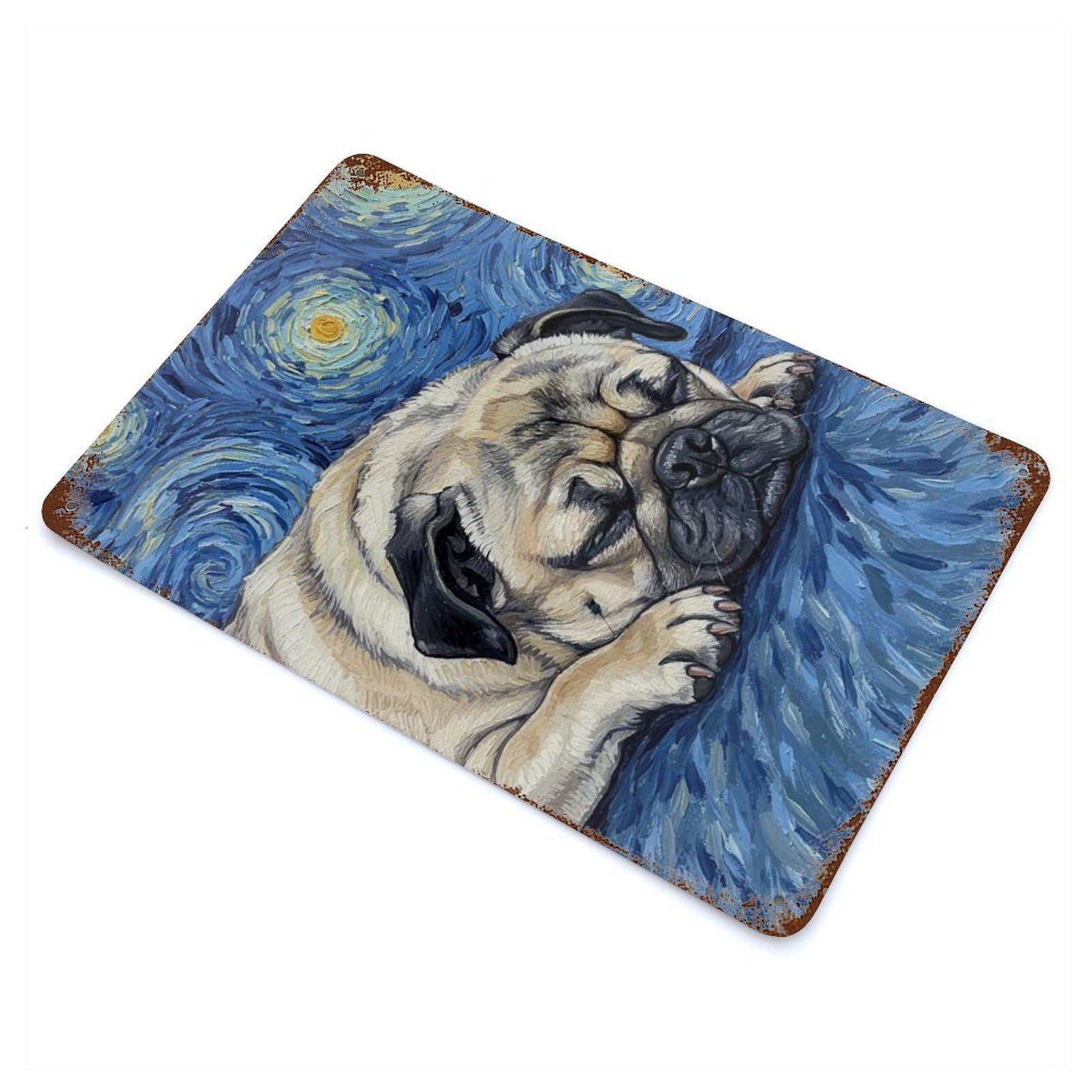 Garage Style Pug Sleeping Starry Night Painting Rustic Tin Plaque 11.8"x7.9", Classic Wall Plaque for Bar And Workshop