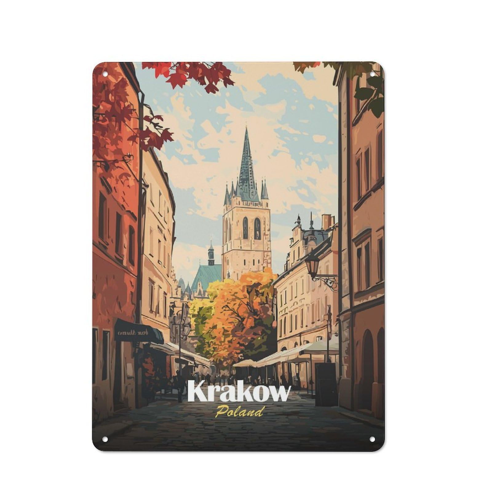 Junmoney Style-12 Tin Wall Plaque 40X30cm With Krakow, Poland Cityscape Art For Workshop Wall, Housewarming Wall Decor For People Furnishing Workshop