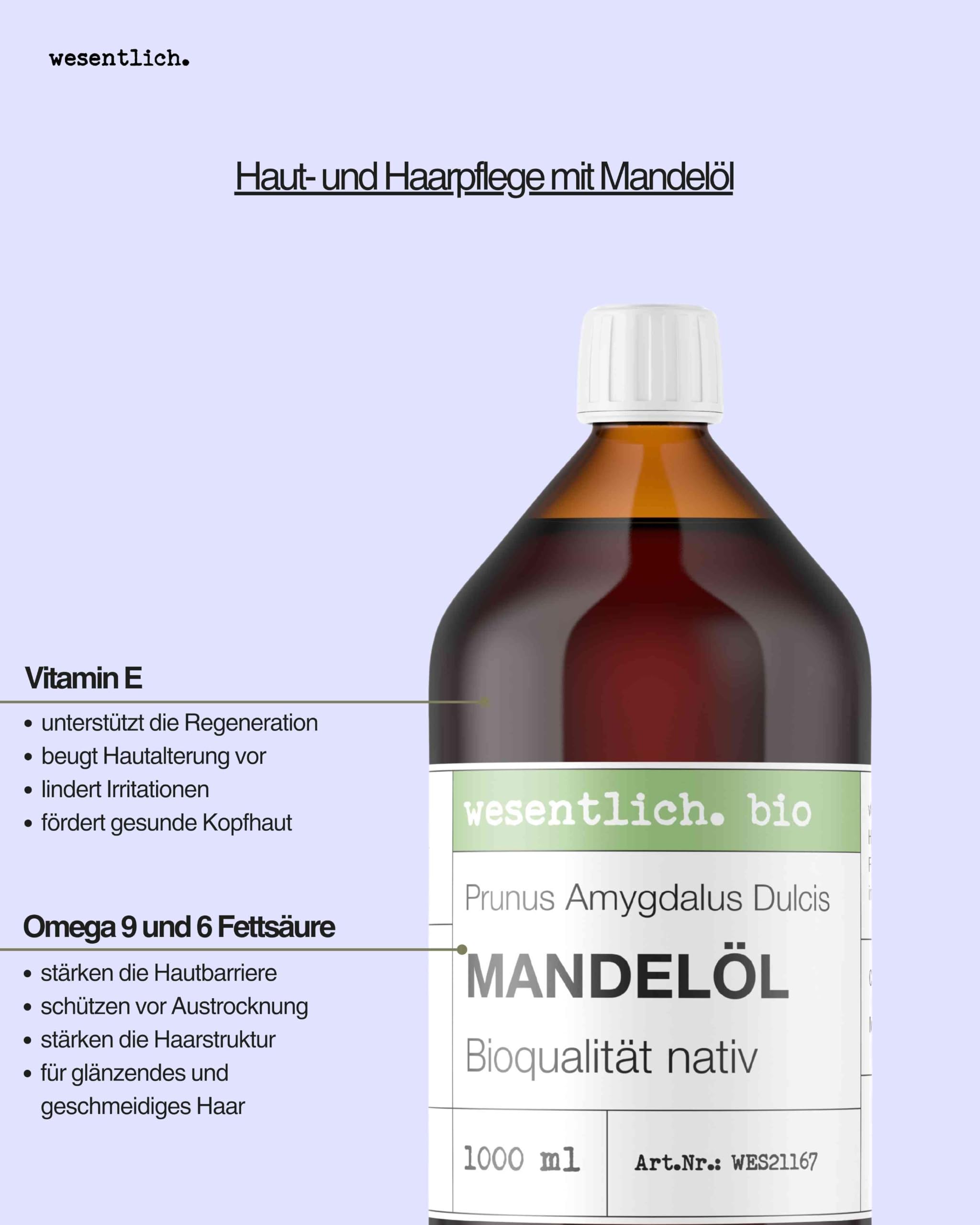 wesentlich. Mandelöl BIO kaltgepresst | für Kosmetik, Haare und Gesicht | Baby Pflege und Basis für Badeöl und Massageöl | 1000ml