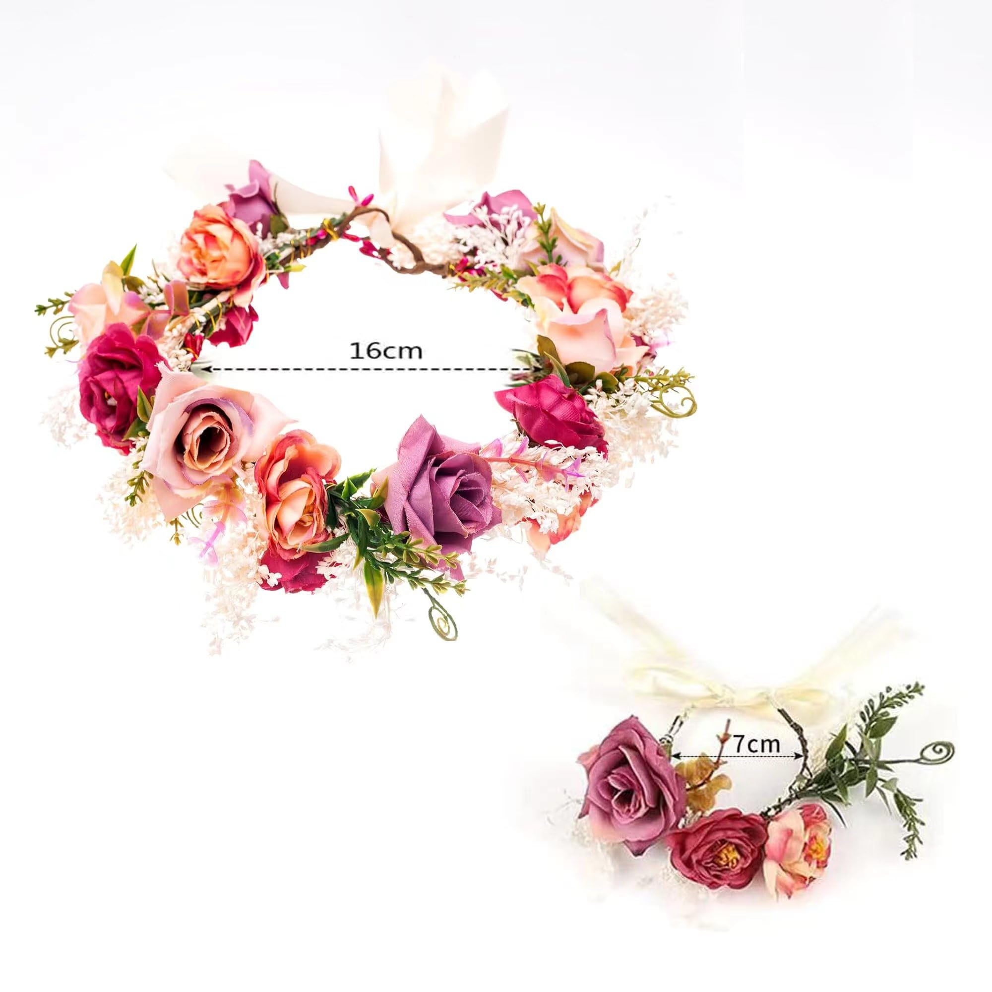 Jiahuade Flower Headband Garland, Crown Flower Hair, Garland Headdress and Bracelet Set, Flower Headband with Ribbon - Image 2