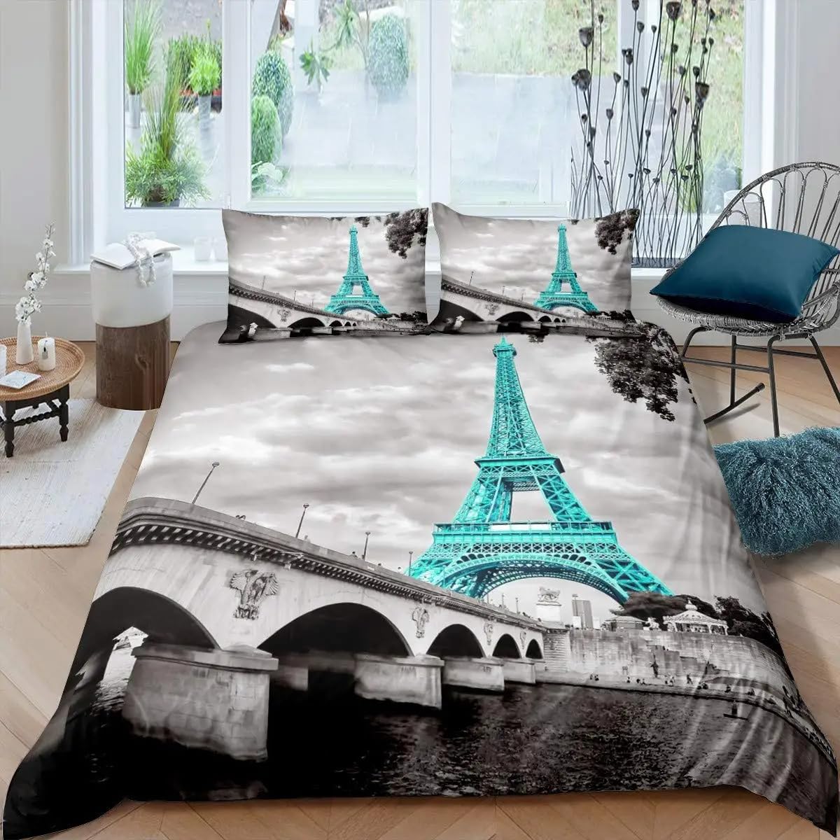 QBIDCSX King Size Duvet Cover Sets Paris King Size Bedding Sets Patterned Bed ding 230x220 cm and 2 Pillowcases 50x75 cm with Zipper - Warm & Ultra Soft Brushed Microfiber