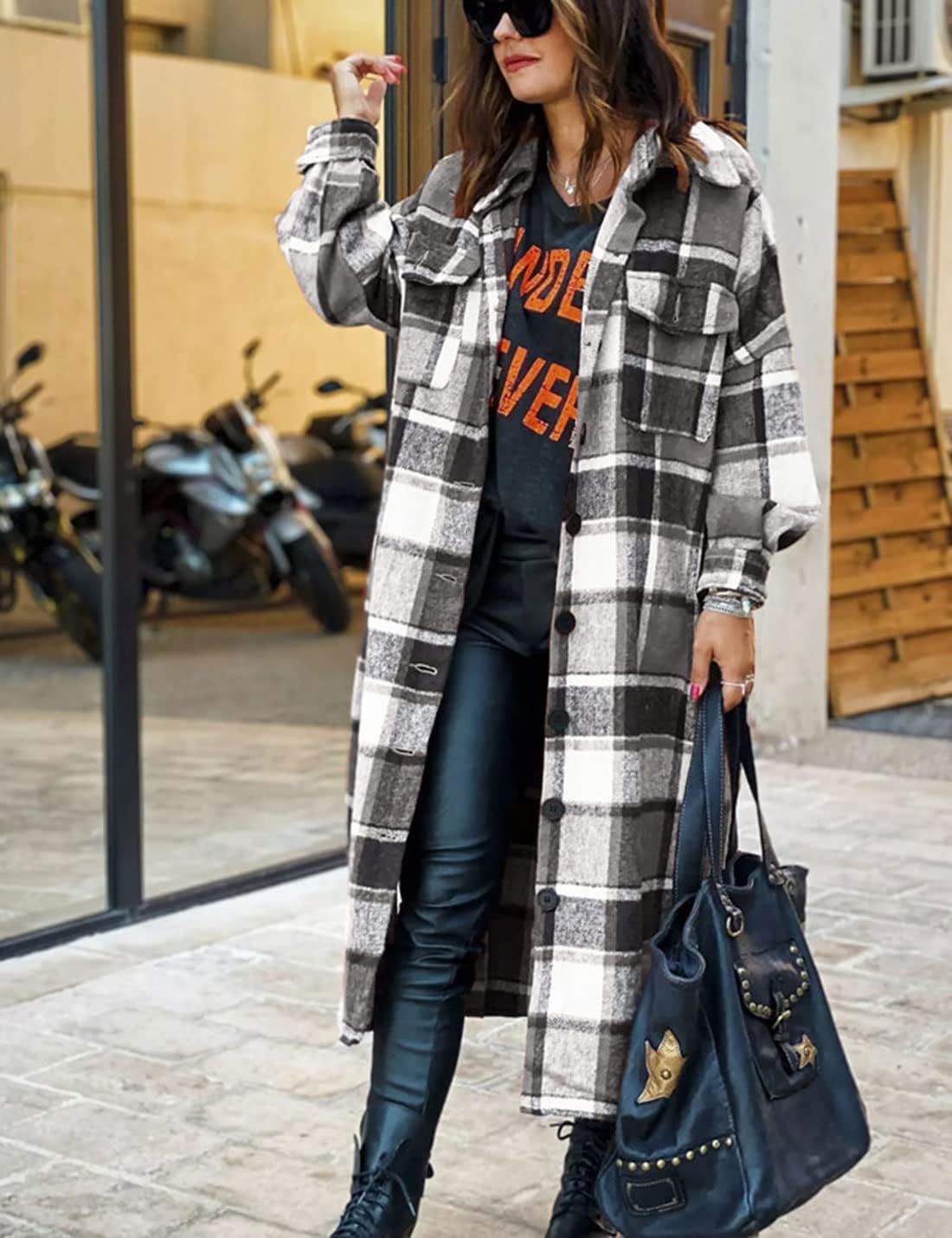 Happlan Women's Plaid Shacket Casual Flannel Shirt Jacket Loose Lapel Wool Blend Coat Oversized(0001-Grey-L) - Image 3