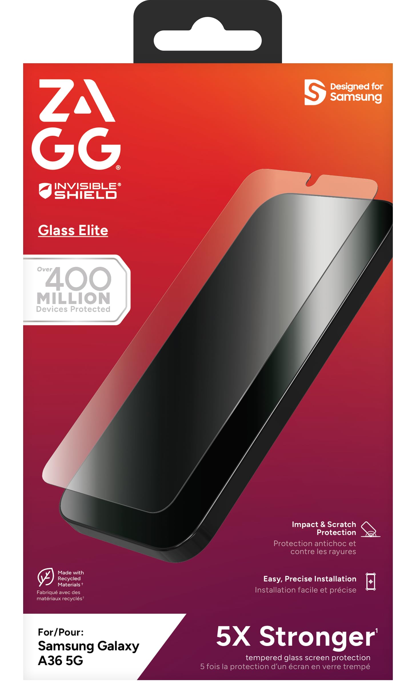 ZAGG Glass Elite - Protector de pantalla para Samsung Galaxy A36 5G - Cristal templado ultra fuerte, resistente a los arañazos, instalación EZ APK, InvisibleShield, fabricado con materiales reciclados