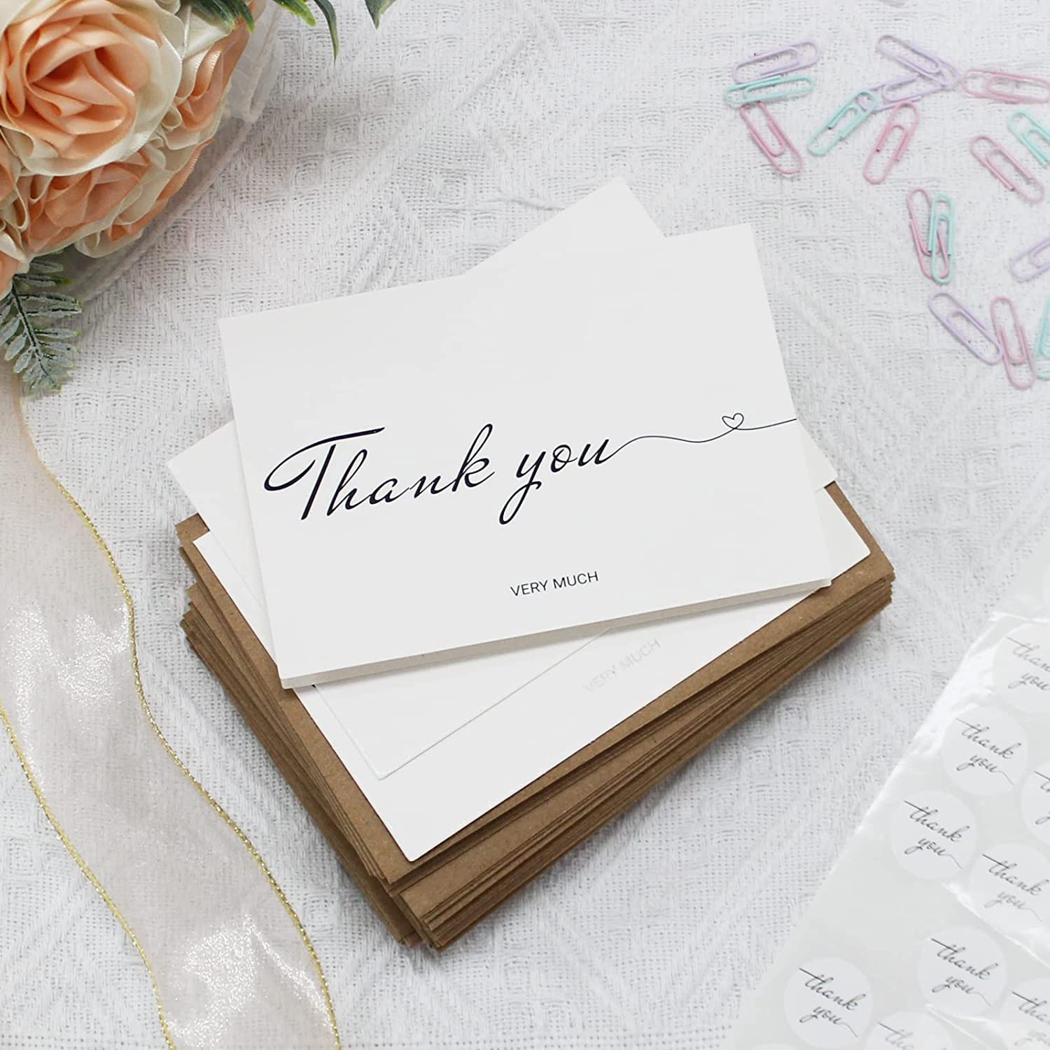VANRA Confezione Da 60 Biglietti Di Ringraziamento Con Buste E Adesivi - 10x15 Cm, Interno Vuoto, Design Elegante Per Matrimoni, Lauree, Compleanni E Funerali
