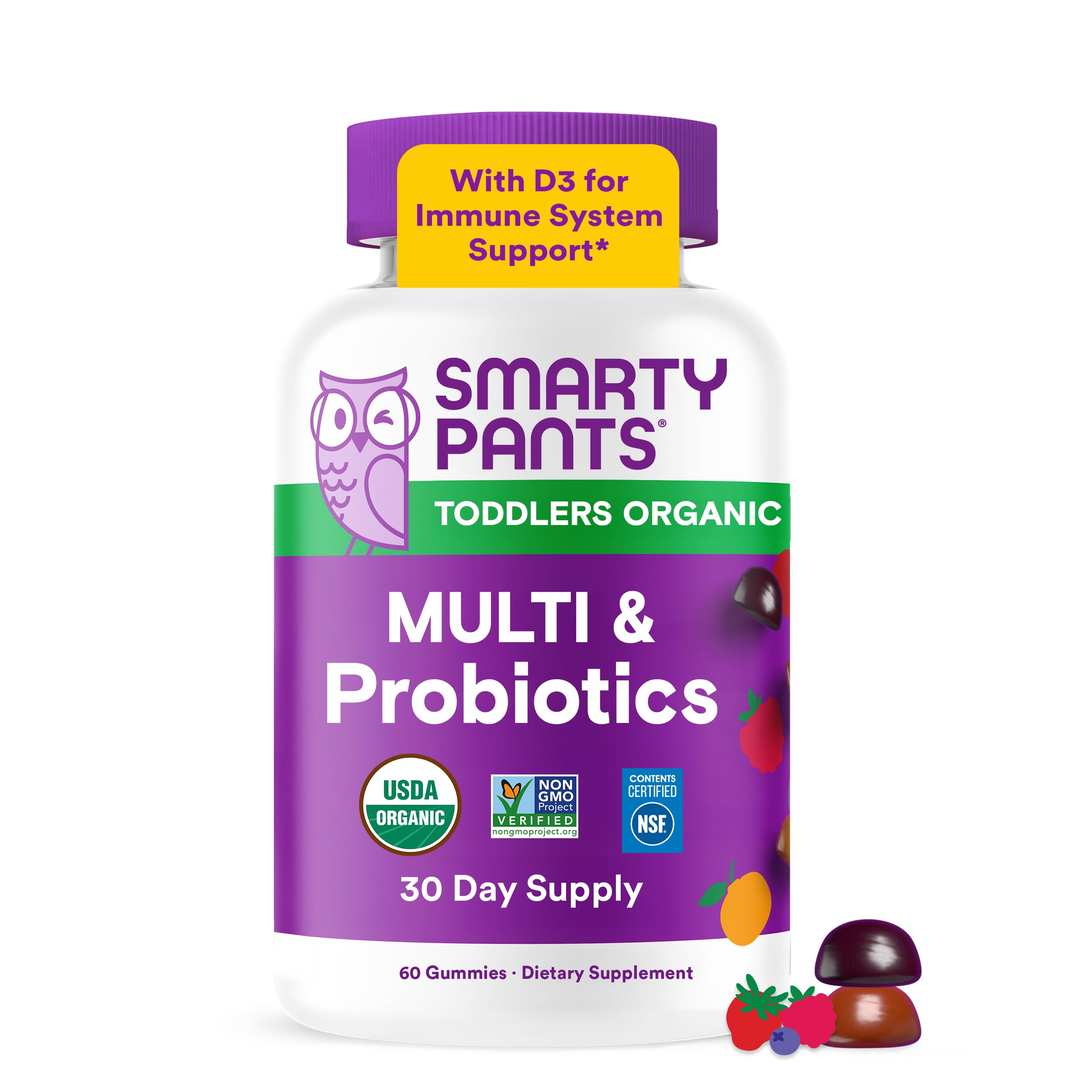 SmartyPants Organic Toddler Multivitamin Gummies: Probiotics, Omega 3 (ALA), Beta Carotene, Vitamin B12, B6, A, K & Zinc, Beta Carotene, Gluten Free, Three Fruit Flavors, 60 Count (30 Day Supply)