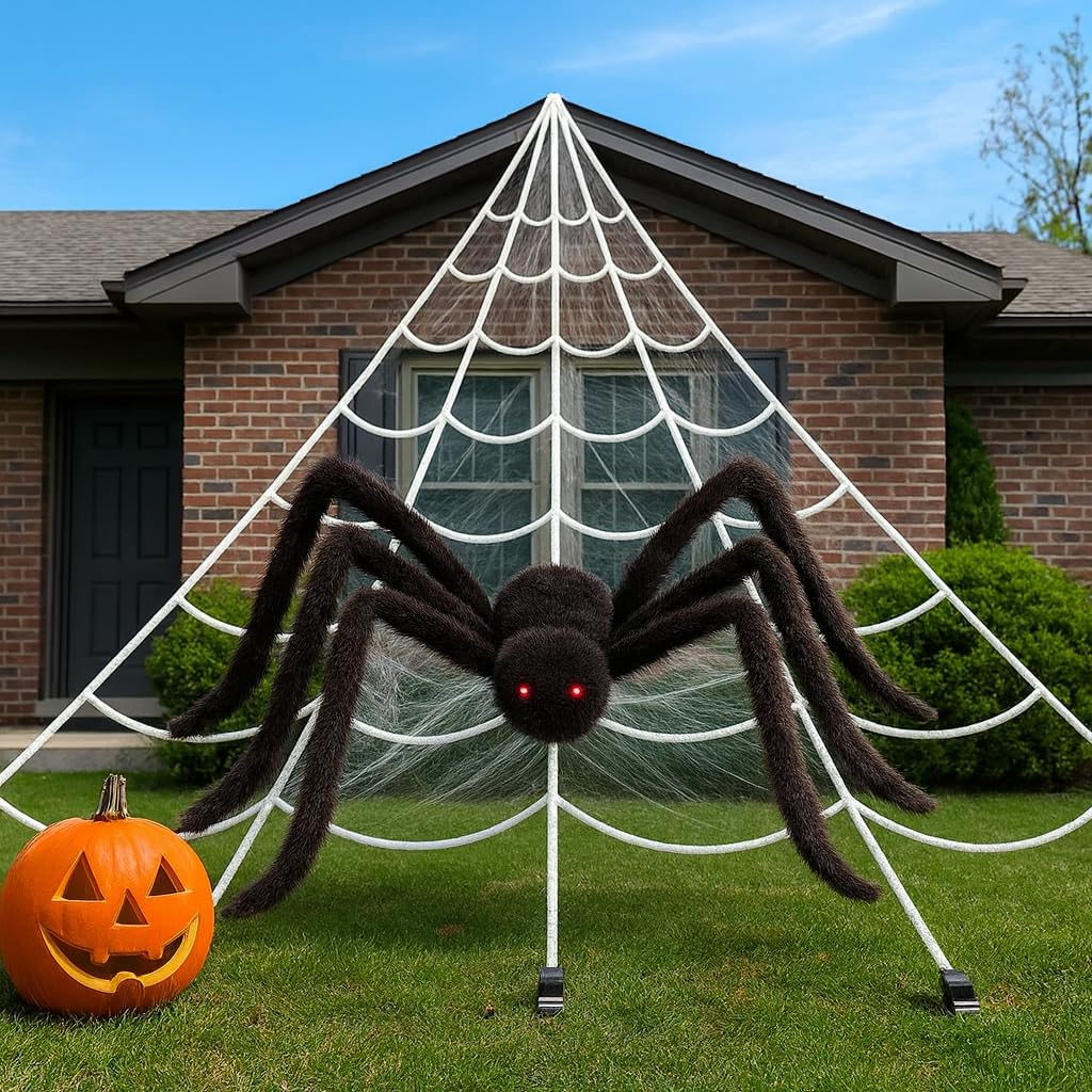 GRO VITS - Set di decorazioni per Halloween, 500 cm, triangolo gigante ragnatela con 5 picchetti di fissaggio e grande ragno peloso nero da 100 cm, oggetti di scena spaventosi per Halloween per casa