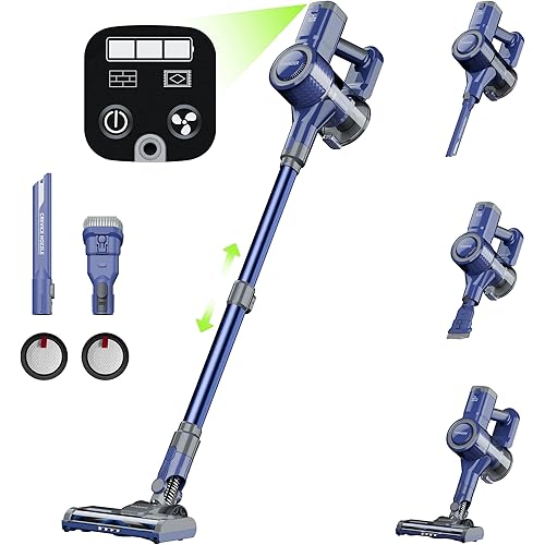 E1 Cordless Vacuum Cleaner - Brushless Motor, Rechargeable, 35min Runtime on HardFloor, 18min on Carpet, Removable 2000mAh 22.2V Li-ion Battery, Motorized Brush, LED Headlight, Telescopic Tube