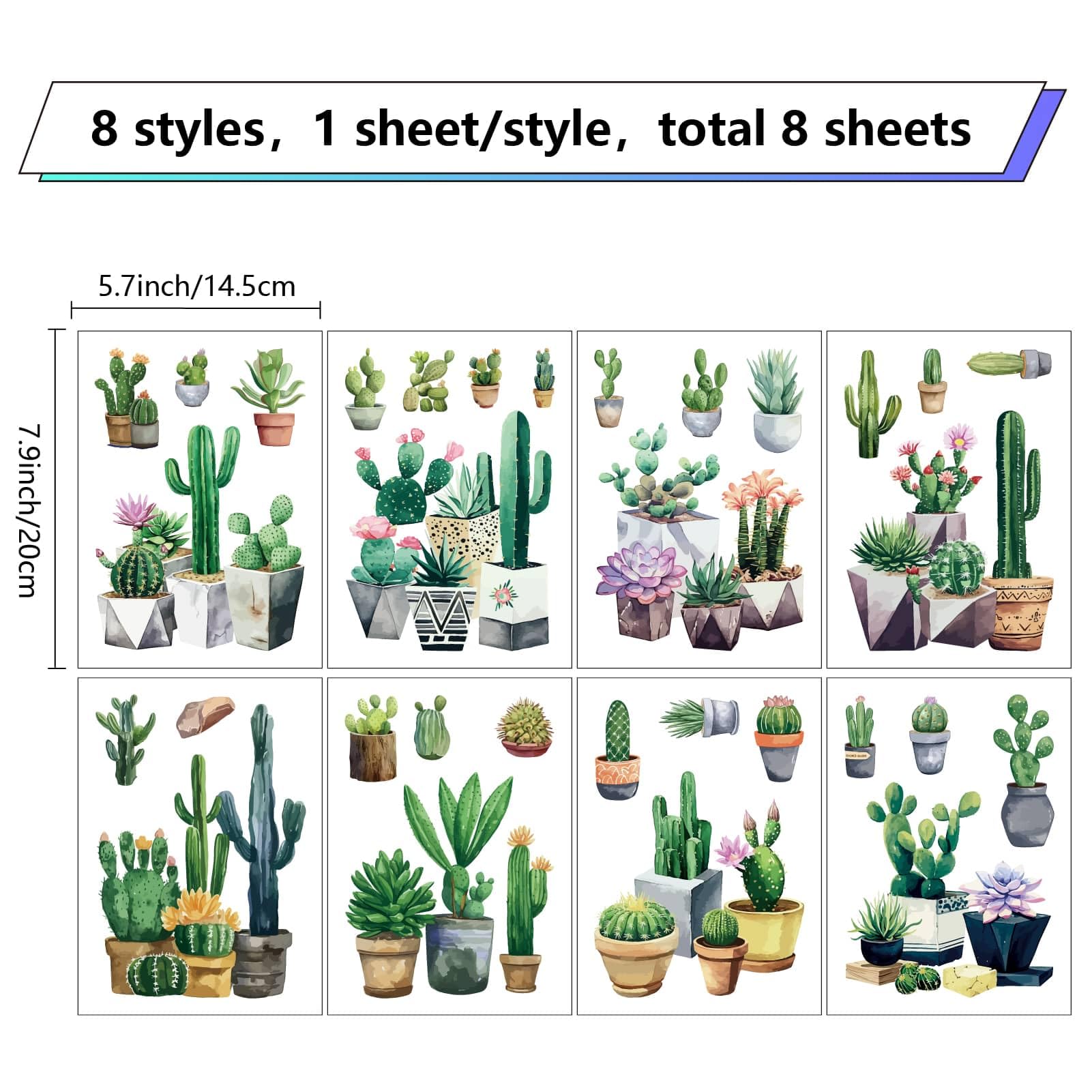 CRASPIRE 8 Sheets 8 Styles Cactus Window Stickers Potted Plants Window Clings Tropical Botanical Summer Succulent Green Plant PVC Removable Window Decor Glass Decals for Bedroom Nursery Living Room - Image 2